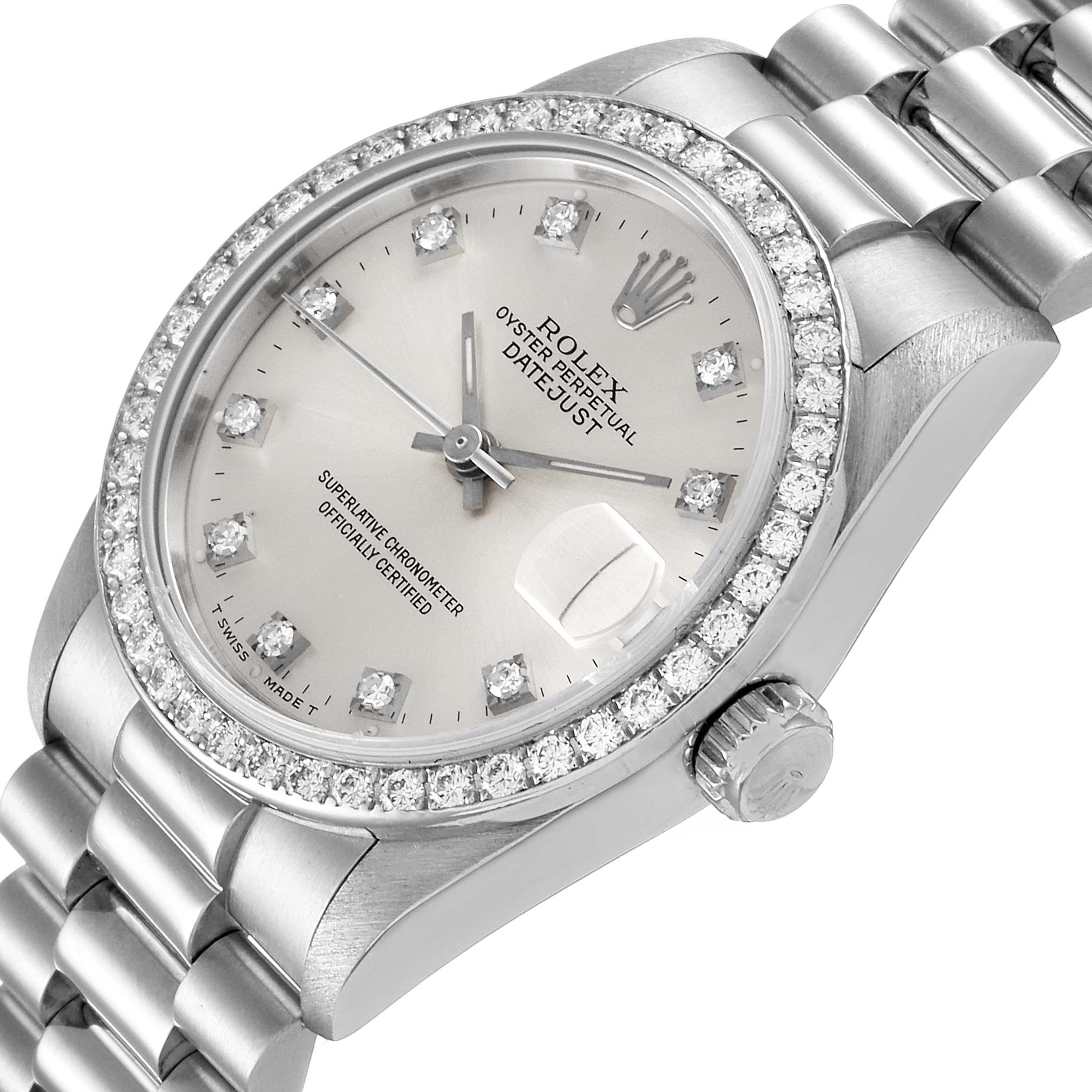 The image shows a close-up of a Rolex President 68286 Women's White Gold Silver Dial 68286 Women's White Gold Silver Dial model watch, highlighting the face, bezel, and part of the bracelet.