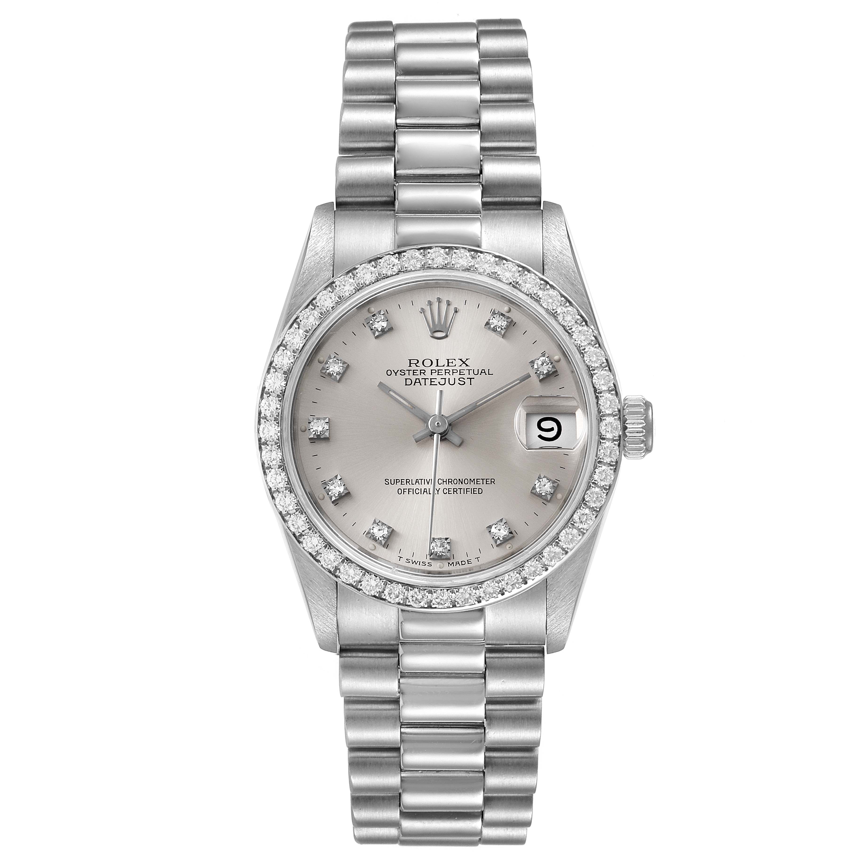 This image shows a Rolex President 68286 Women's White Gold Silver Dial 68286 Women's White Gold Silver Dial model watch from a top-down view, displaying the dial, bezel, crown, and bracelet.