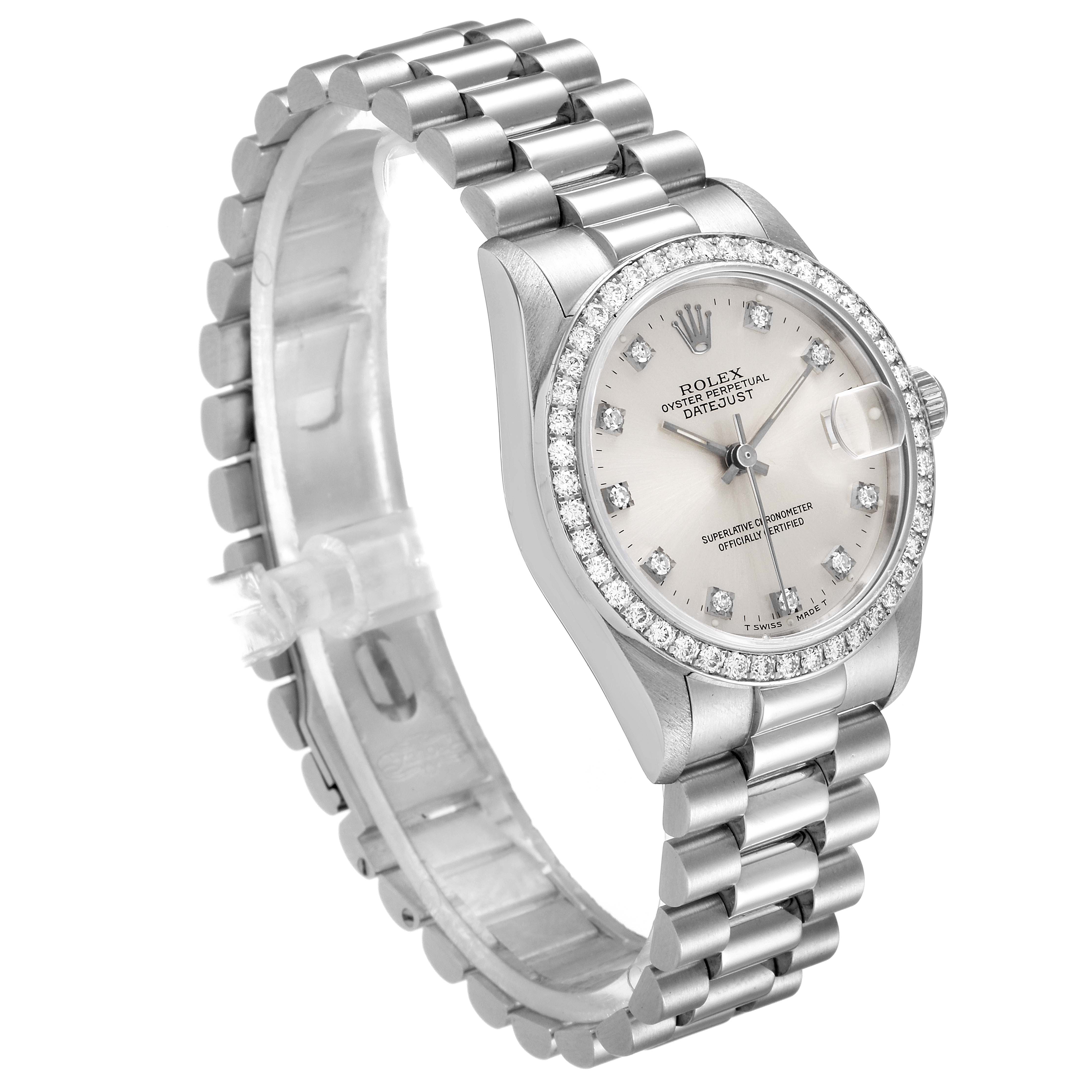 The image shows a side-angle view of the Rolex President 68286 Women's White Gold Silver Dial 68286 Women's White Gold Silver Dial model watch, featuring its dial, bezel, case, and bracelet.