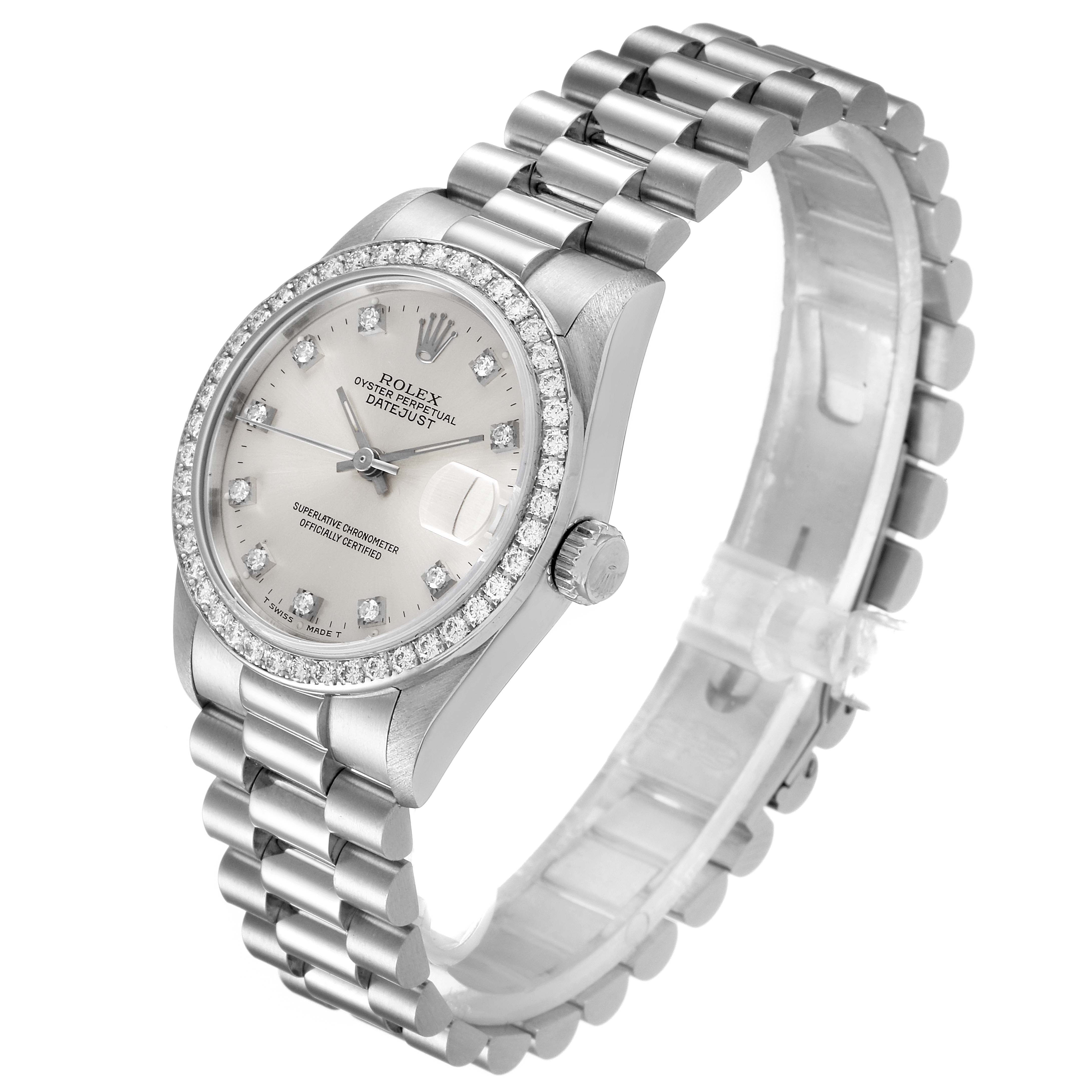 The Rolex President 68286 Women's White Gold Silver Dial 68286 Women's White Gold Silver Dial model watch is shown from an angled side view, displaying its band, dial, and bezel.