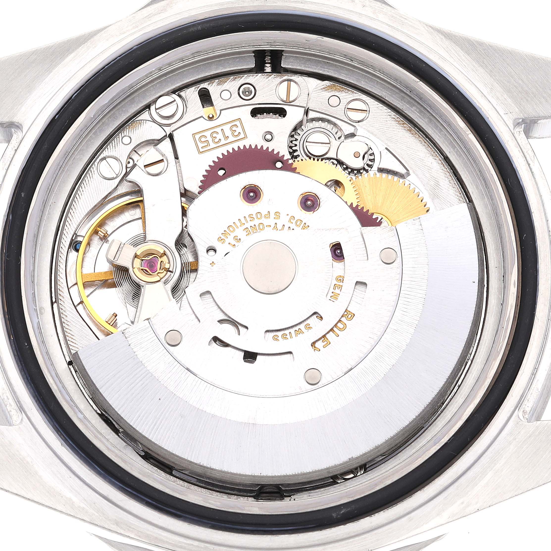 This image shows the movement of a Rolex Sea-Dweller 16600T Men
s Stainless Steel Black Dial 16600T Men
s Stainless Steel Black Dial watch from a top-down angle, highlighting gears and components.