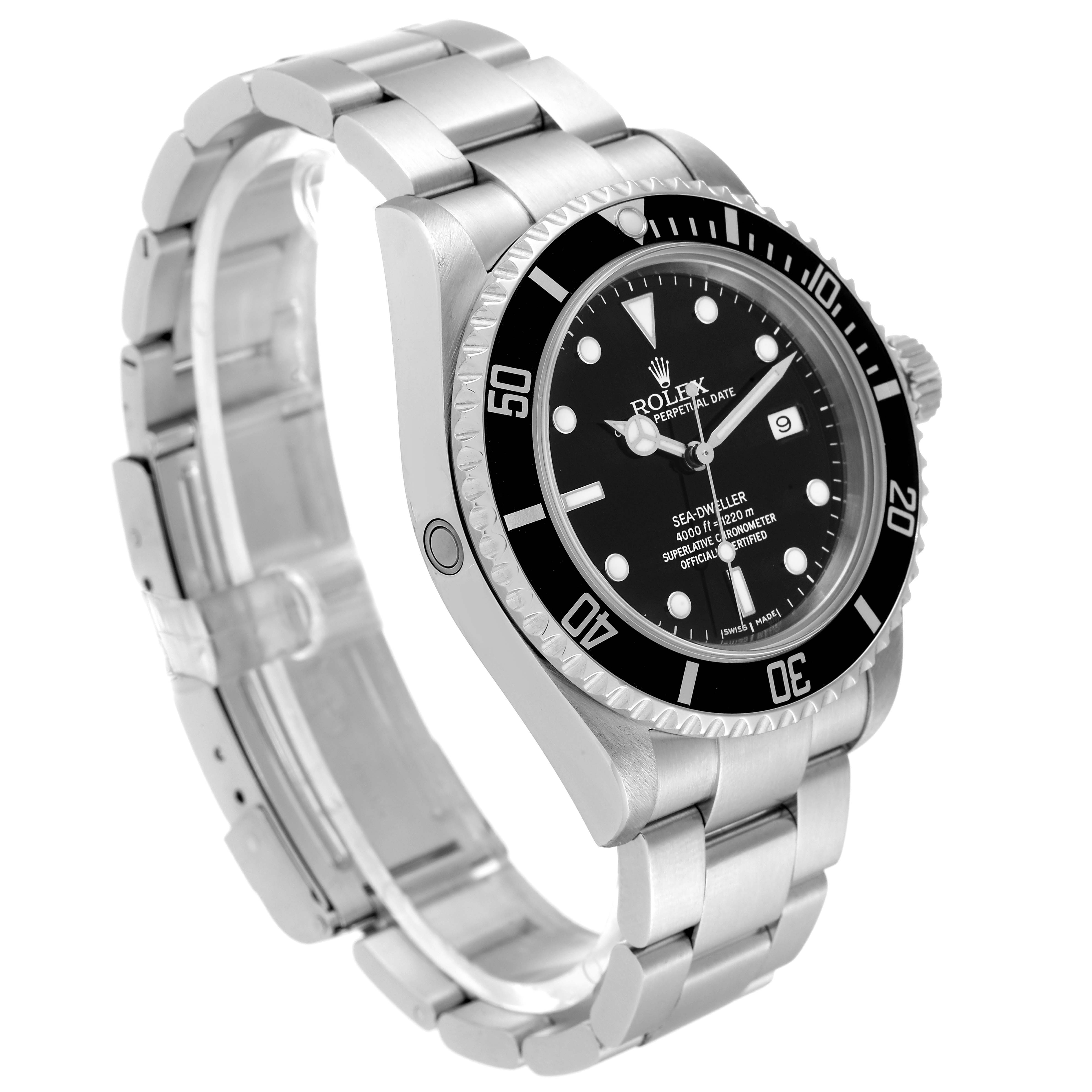 The Rolex Sea-Dweller 16600T Men
s Stainless Steel Black Dial 16600T Men
s Stainless Steel Black Dial watch is shown at a three-quarter angle, highlighting the face, bezel, and partially open bracelet.
