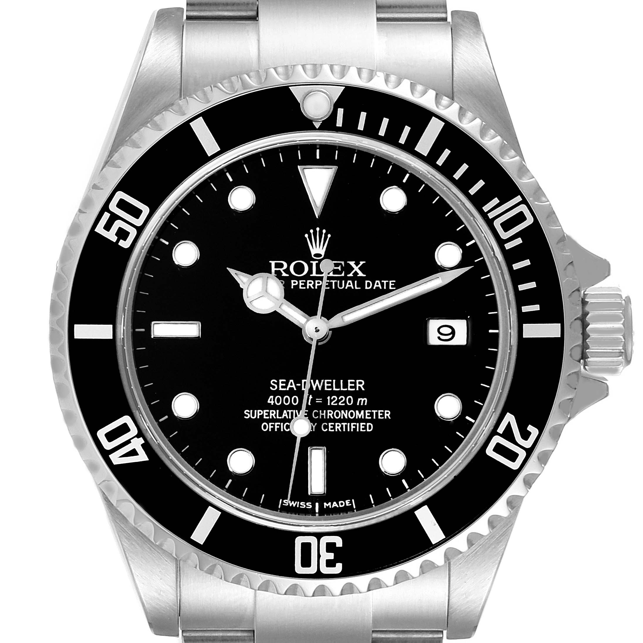 The image shows a front view of the Rolex Sea-Dweller 16600T Men
s Stainless Steel Black Dial 16600T Men
s Stainless Steel Black Dial, highlighting the dial, bezel, and part of the bracelet and crown.