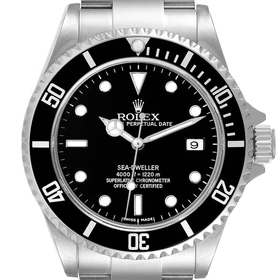 The image shows a front view of the Rolex Sea-Dweller, highlighting the dial, bezel, and part of the bracelet and crown.