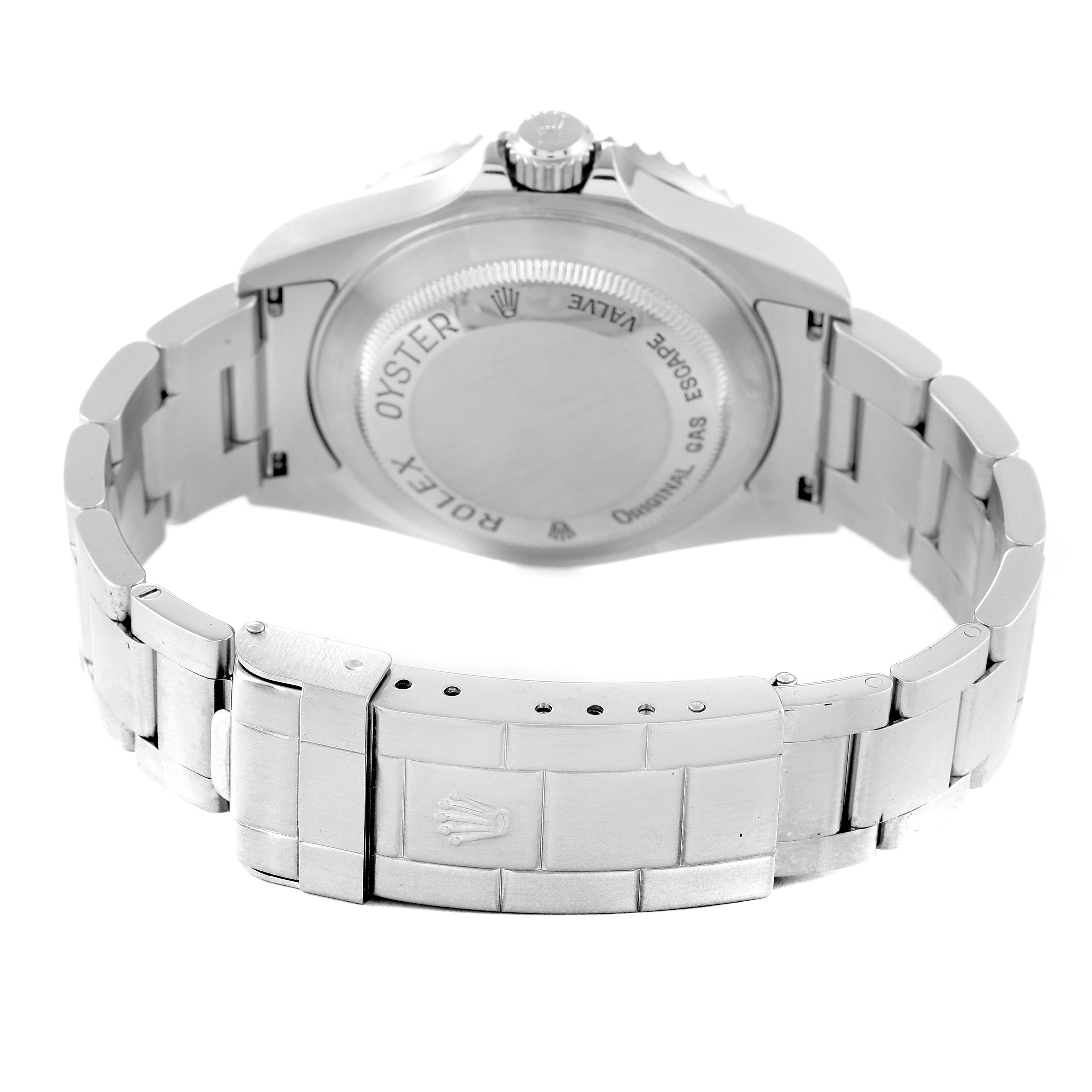 The image shows the back case and bracelet of a Rolex Sea-Dweller 16600T Men
s Stainless Steel Black Dial 16600T Men
s Stainless Steel Black Dial, highlighting the clasp and back engravings.