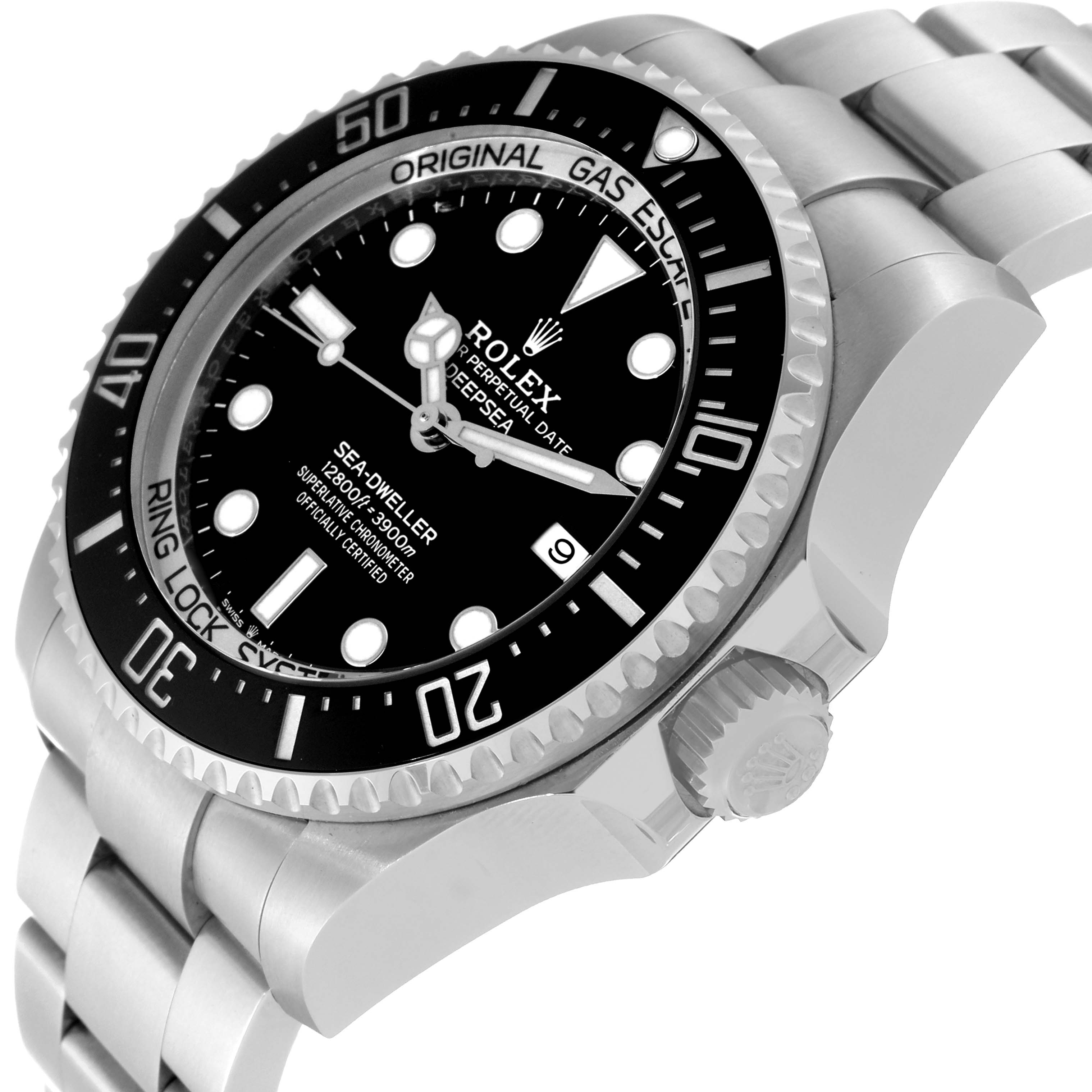 The image shows a close-up, angled view of the face and bezel of the Rolex Sea-Dweller 126660 Men
s Stainless Steel Black Dial 126660 Men
s Stainless Steel Black Dial watch, including its bracelet and crown.