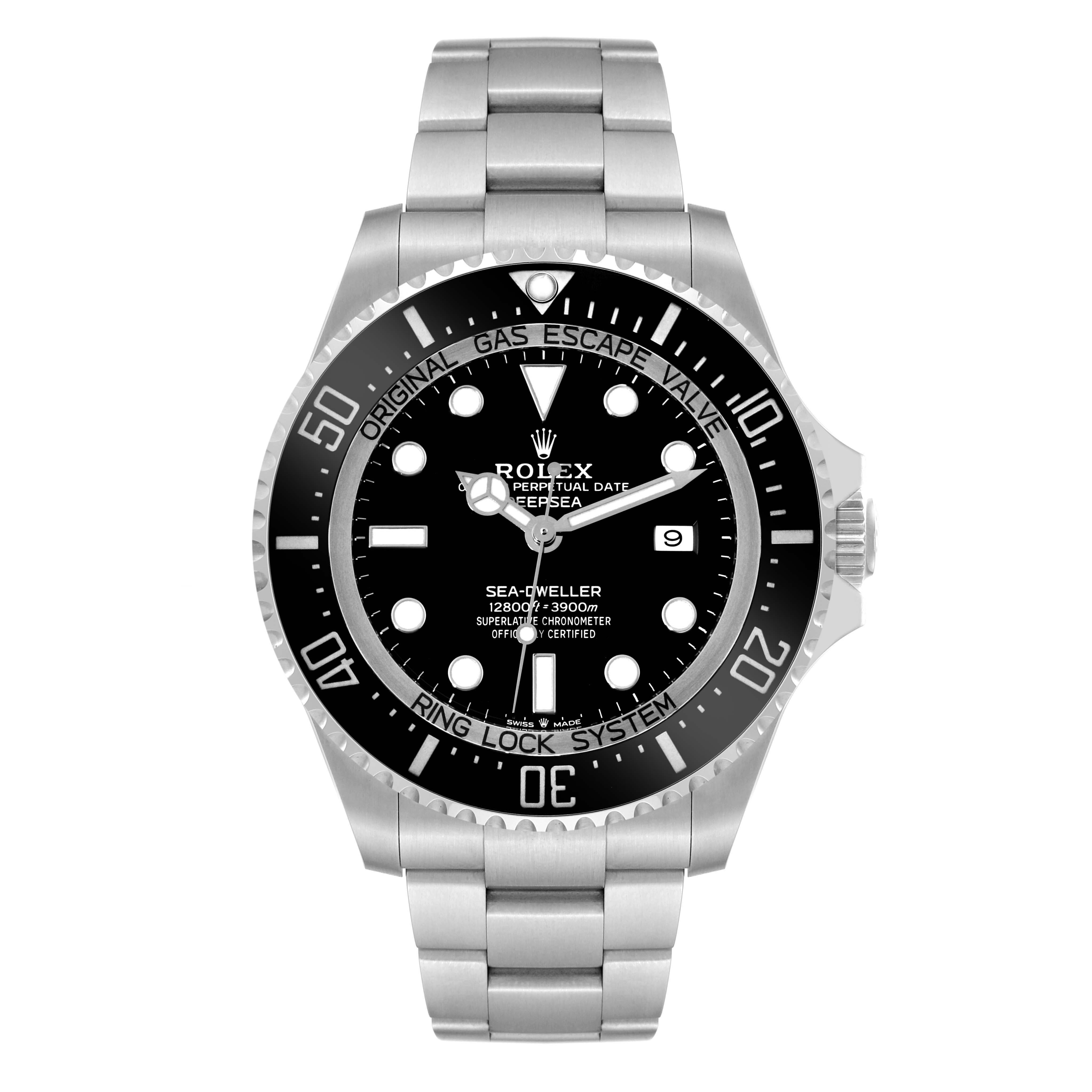 The Rolex Sea-Dweller 126660 Men
s Stainless Steel Black Dial 126660 Men
s Stainless Steel Black Dial watch is shown from a front angle, displaying the face, bezel, crown, and bracelet.