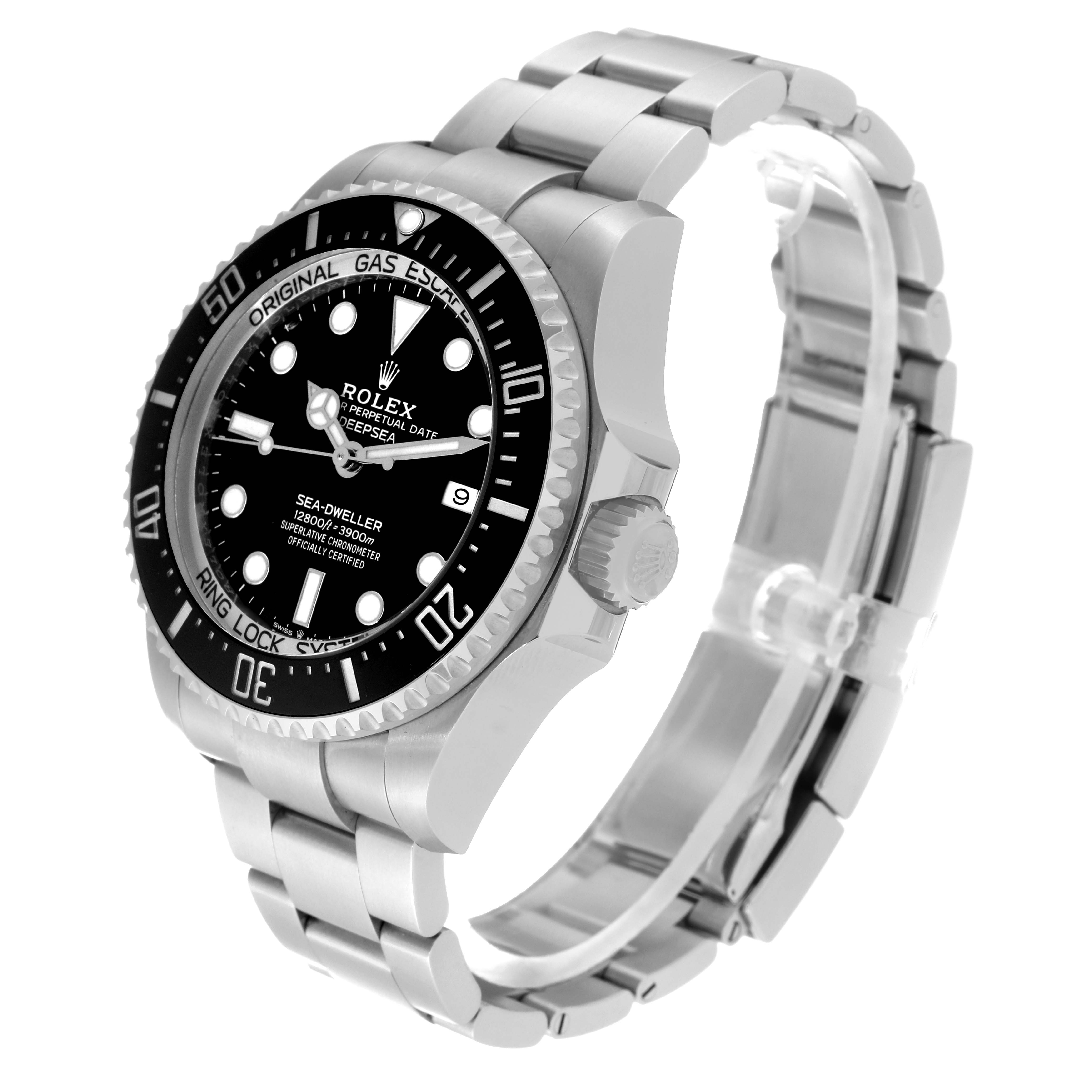 The image shows the Rolex Sea-Dweller 126660 Men
s Stainless Steel Black Dial 126660 Men
s Stainless Steel Black Dial watch at a three-quarter angle, highlighting its dial, bezel, crown, and bracelet.