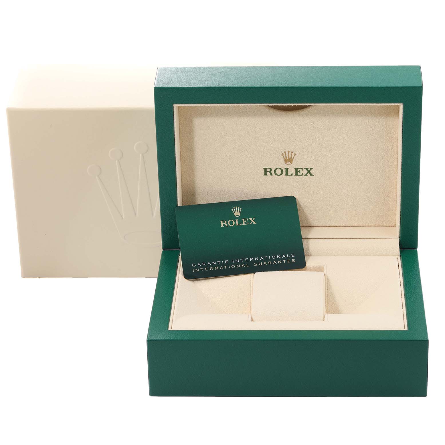 The image shows the open box and international guarantee card for the Rolex Sea-Dweller 126660 Men
s Stainless Steel Black Dial 126660 Men
s Stainless Steel Black Dial model.