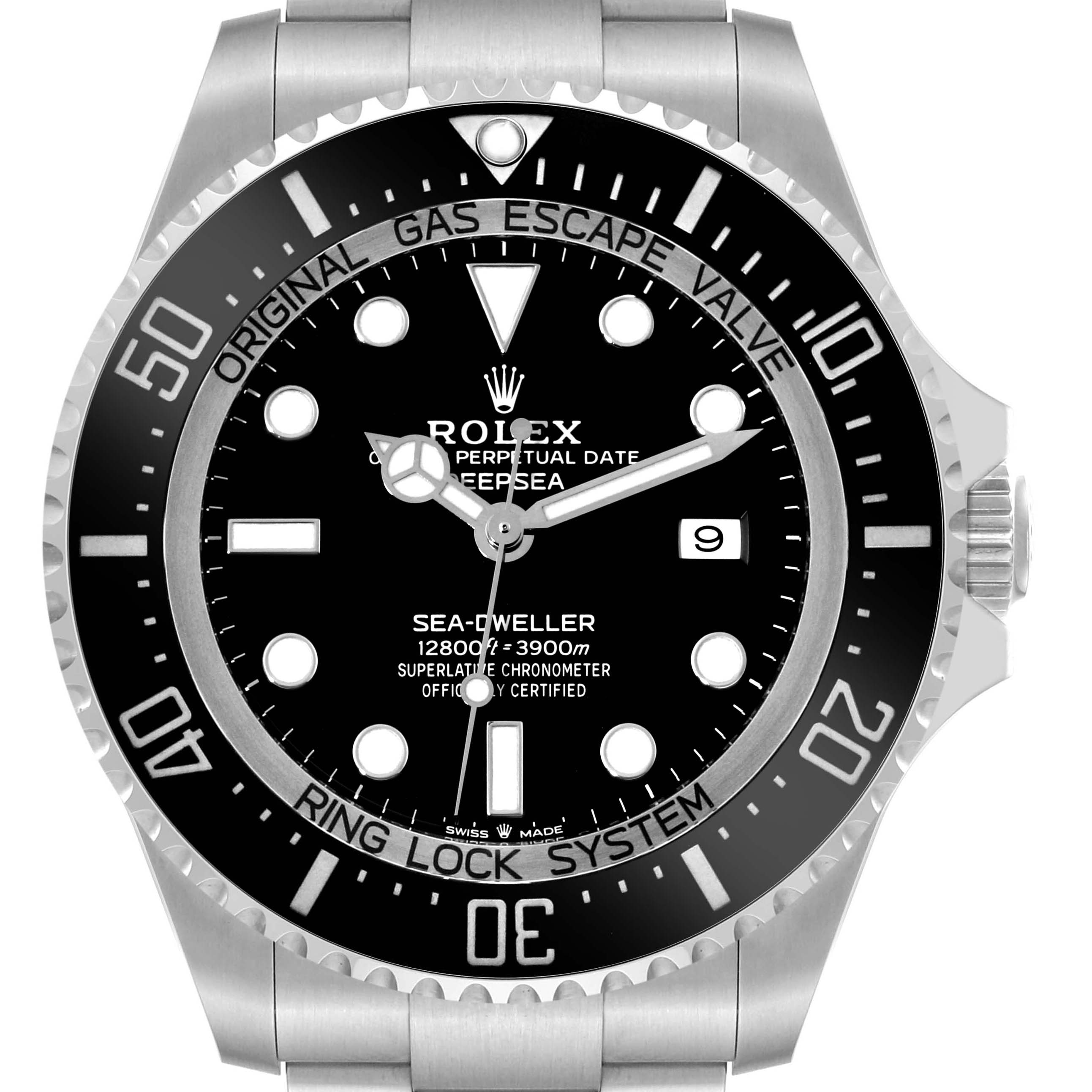 The image shows a front view of a Rolex Sea-Dweller 126660 Men
s Stainless Steel Black Dial 126660 Men
s Stainless Steel Black Dial watch, highlighting the dial, bezel, and part of the bracelet.