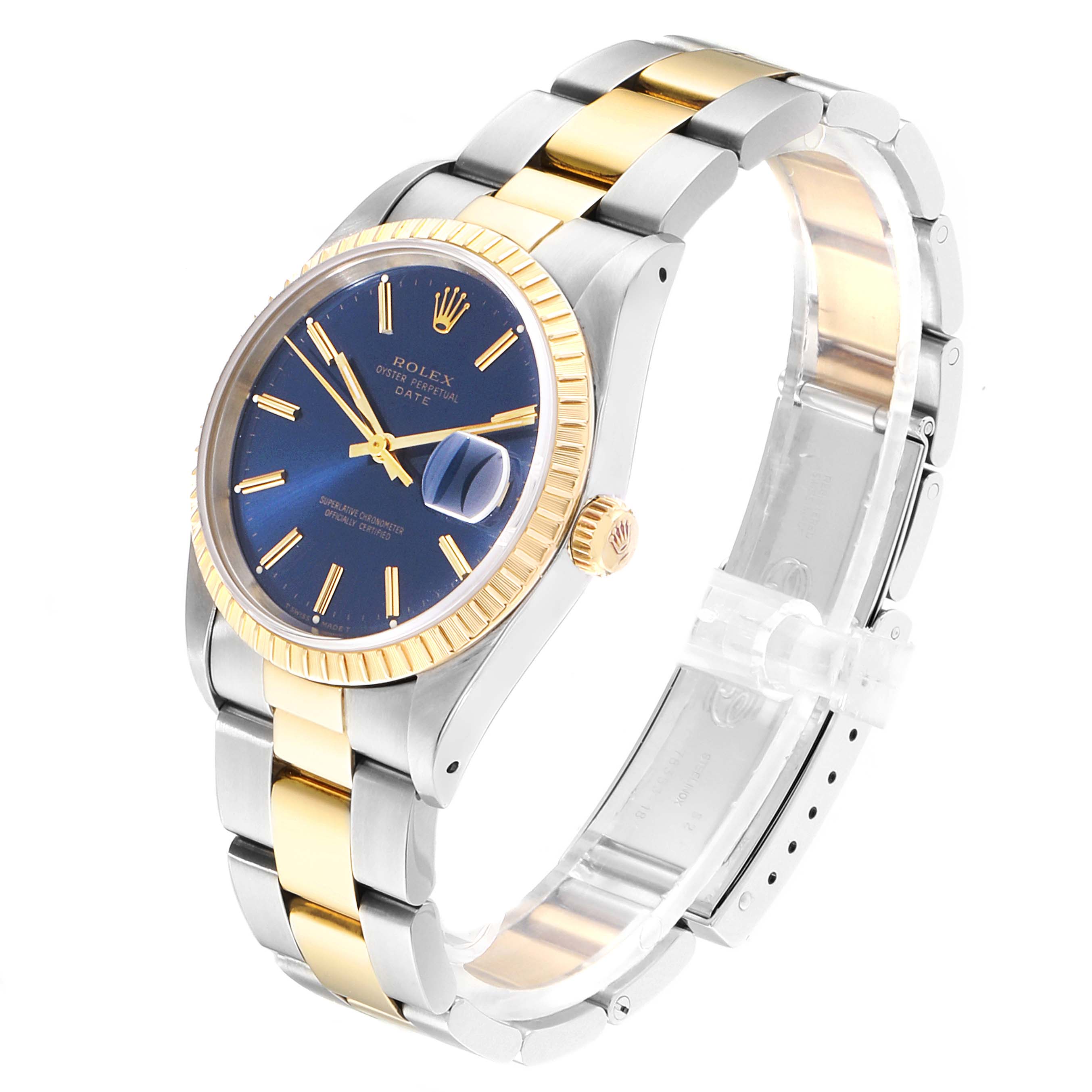 This image shows a Rolex Date 15223 Men's Steel and Gold (two tone) Blue Dial 15223 Men's Steel and Gold (two tone) Blue Dial watch at a three-quarter angle, highlighting its blue dial, fluted bezel, and two-tone bracelet.