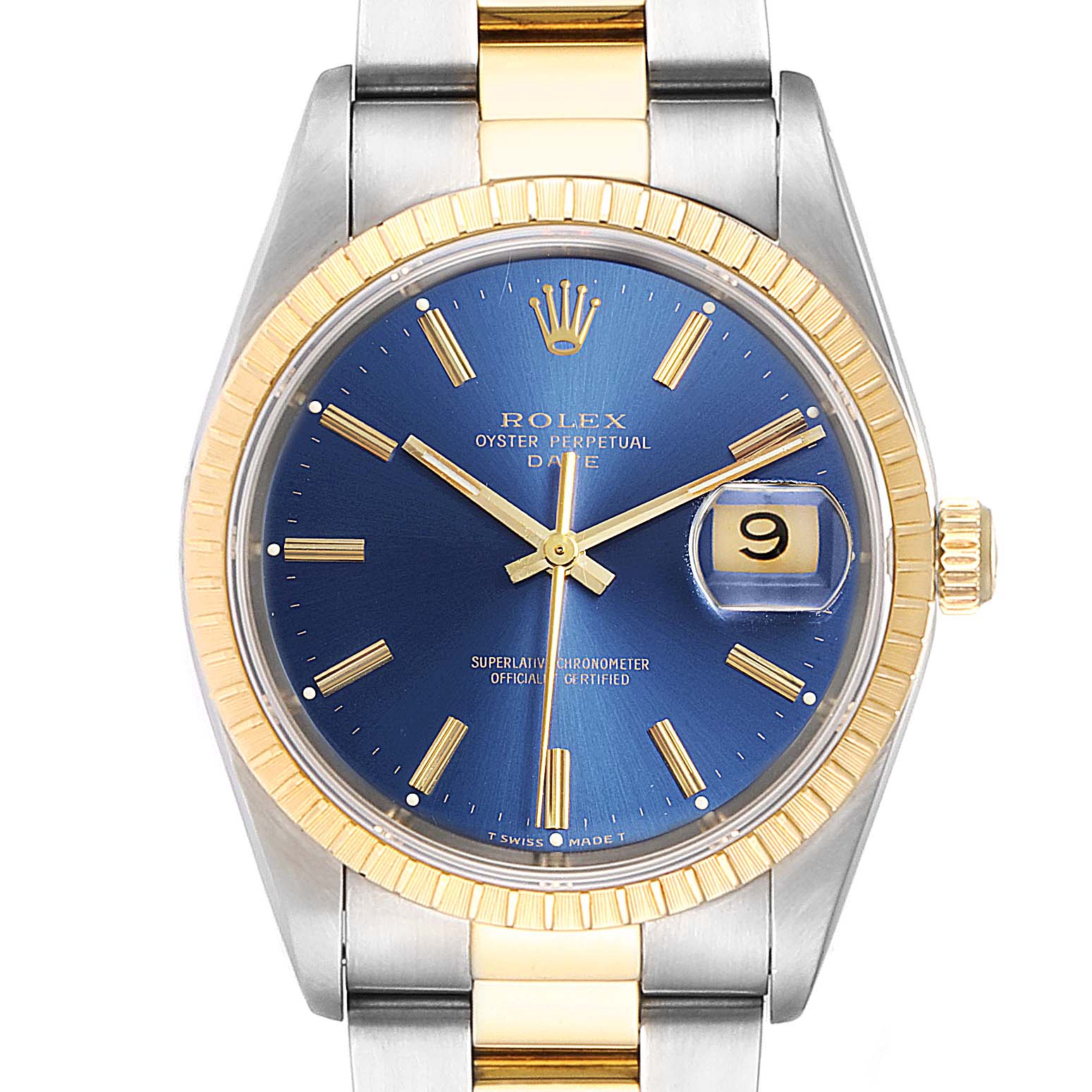 The image shows a frontal view of a Rolex Date 15223 Men's Steel and Gold (two tone) Blue Dial 15223 Men's Steel and Gold (two tone) Blue Dial model, displaying its blue dial, gold bezel, date window, and part of its bracelet.
