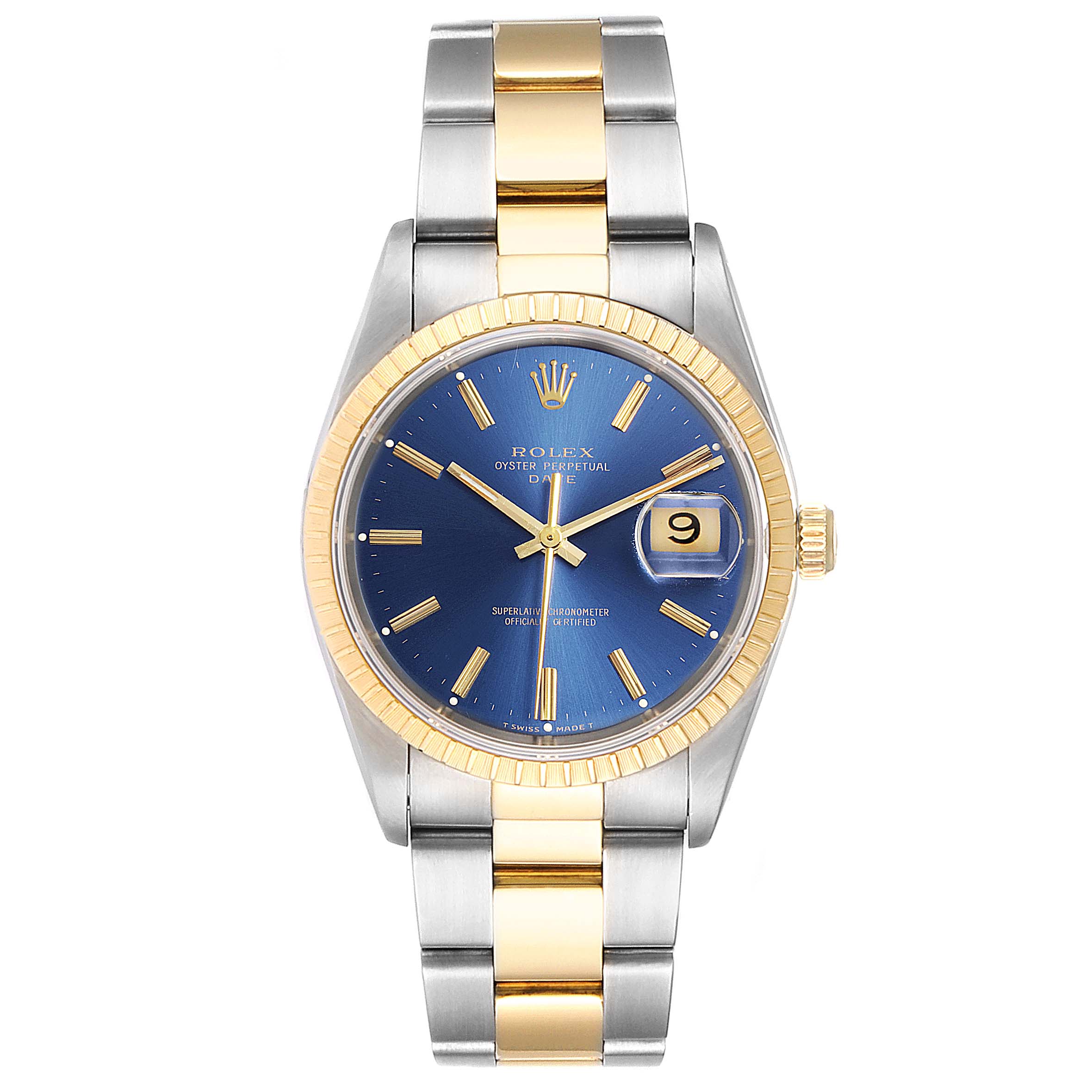This image shows a frontal view of the Rolex Date 15223 Men's Steel and Gold (two tone) Blue Dial 15223 Men's Steel and Gold (two tone) Blue Dial model, highlighting its blue dial, date window, and two-tone bracelet.