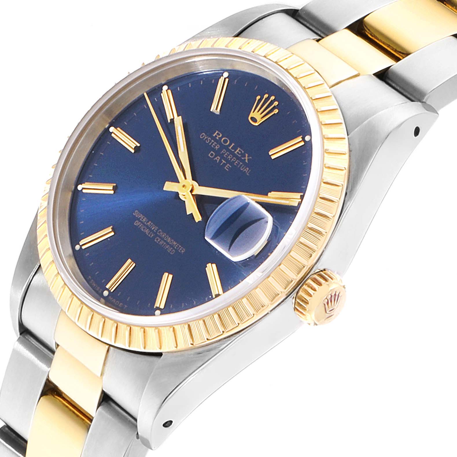 The image shows a Rolex Date 15223 Men's Steel and Gold (two tone) Blue Dial 15223 Men's Steel and Gold (two tone) Blue Dial model watch at a three-quarter angle showcasing the blue dial, fluted bezel, and part of the bracelet.