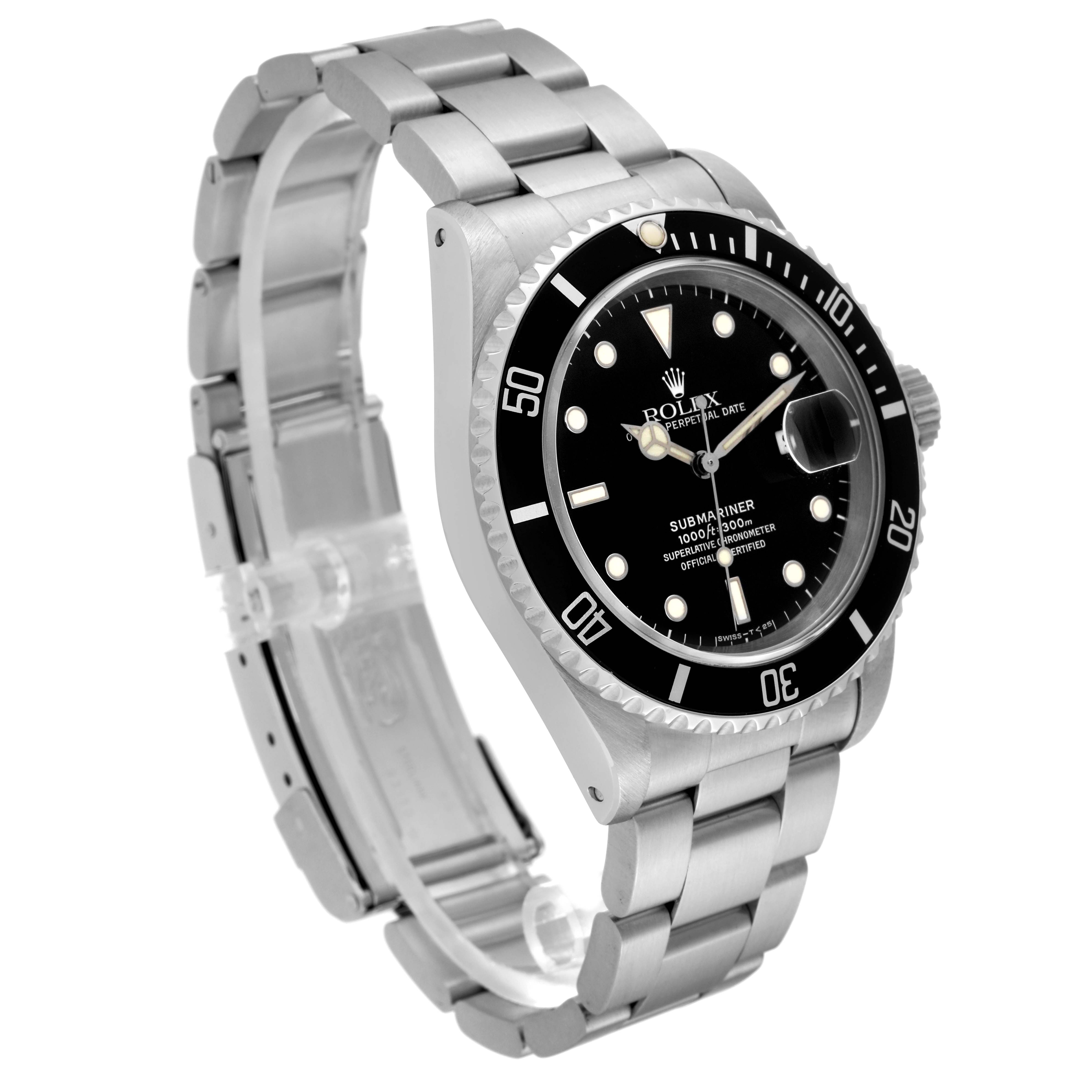 The Rolex Submariner 16610 Men
s Stainless Steel Black Dial 16610 Men
s Stainless Steel Black Dial watch is shown at an angled side view, displaying the bracelet, bezel, dial, and crown.