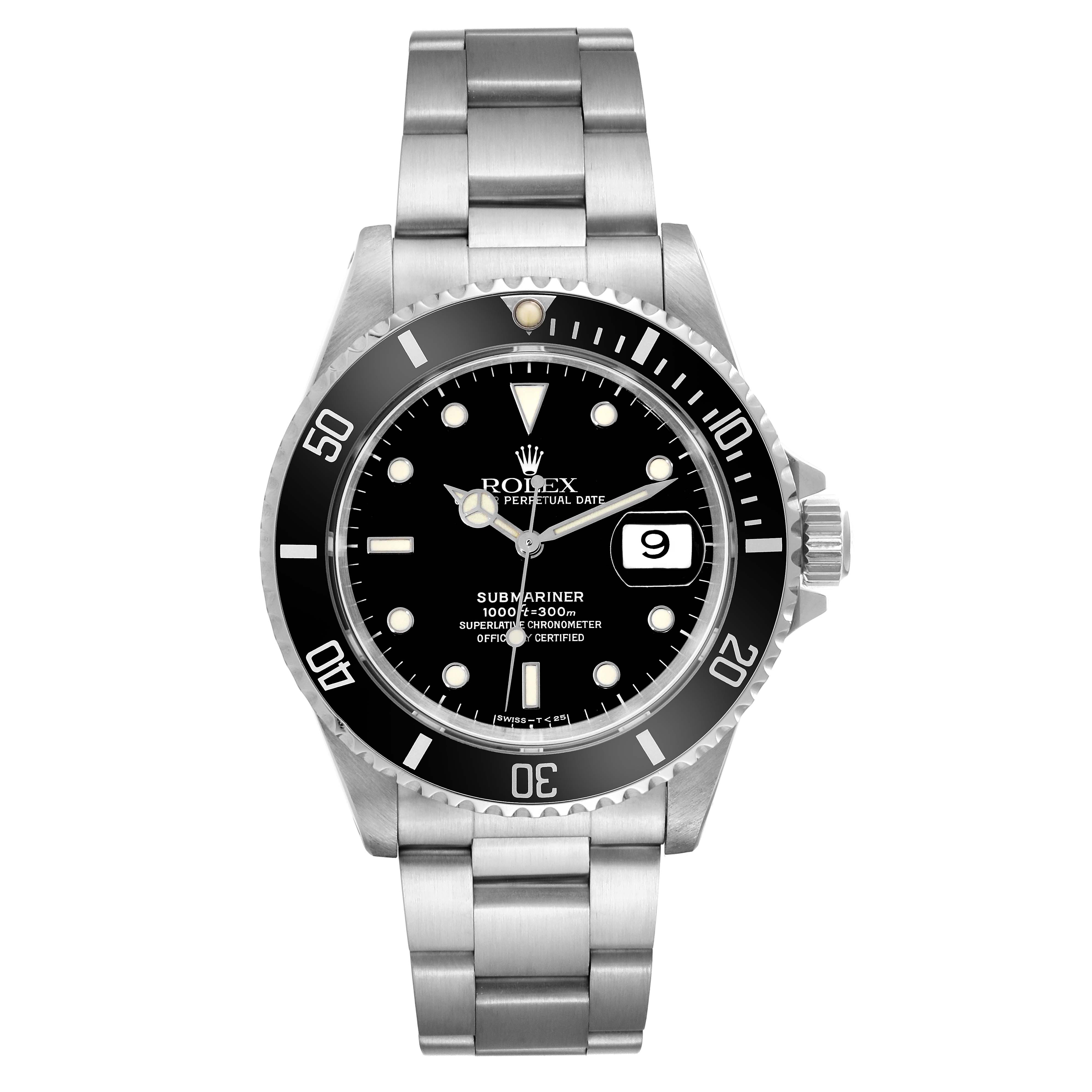 The image shows a front view of the Rolex Submariner 16610 Men
s Stainless Steel Black Dial 16610 Men
s Stainless Steel Black Dial, highlighting the dial, bezel, and stainless steel bracelet.