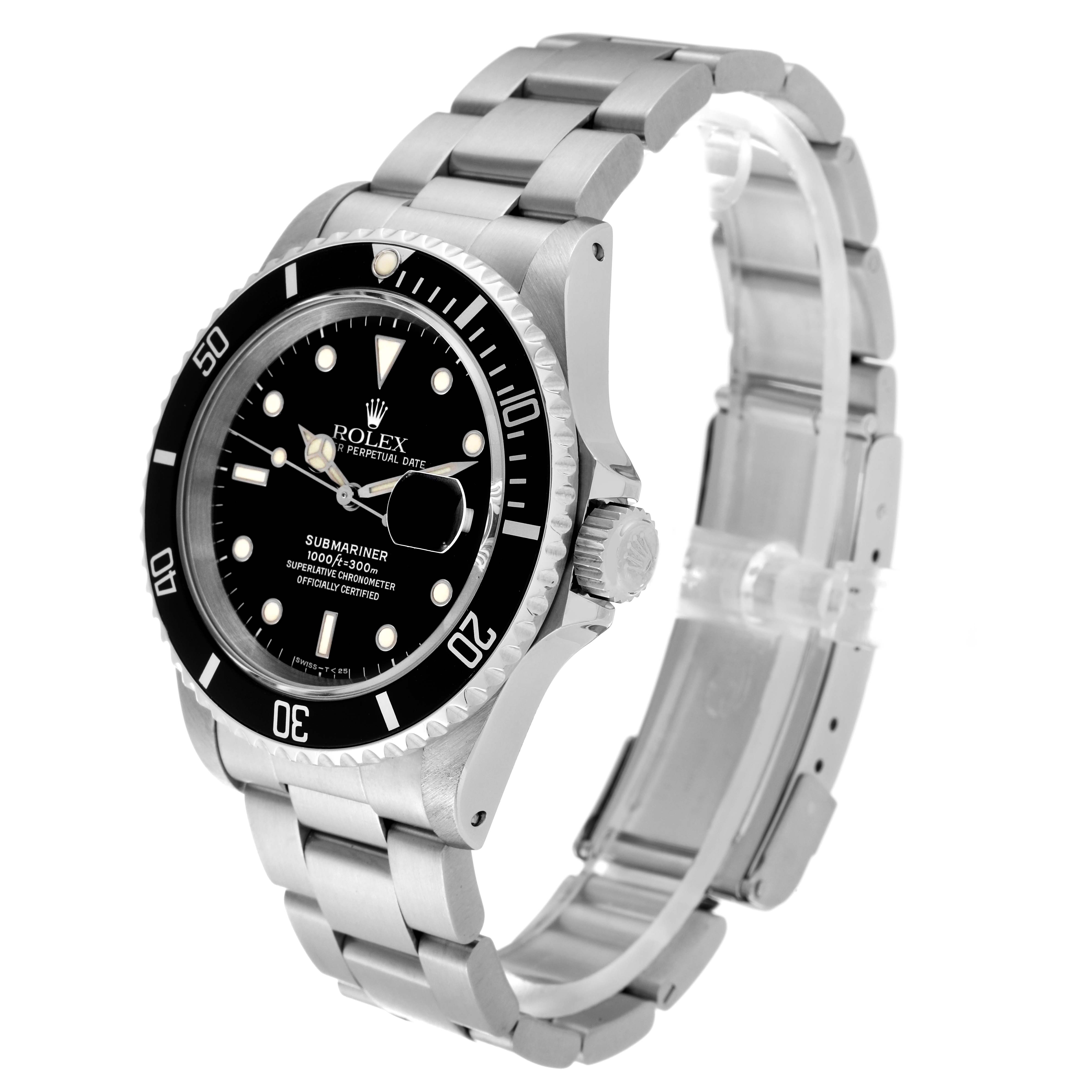 The image shows a side angle of a Rolex Submariner 16610 Men
s Stainless Steel Black Dial 16610 Men
s Stainless Steel Black Dial watch, highlighting its bezel, dial, case, and bracelet.