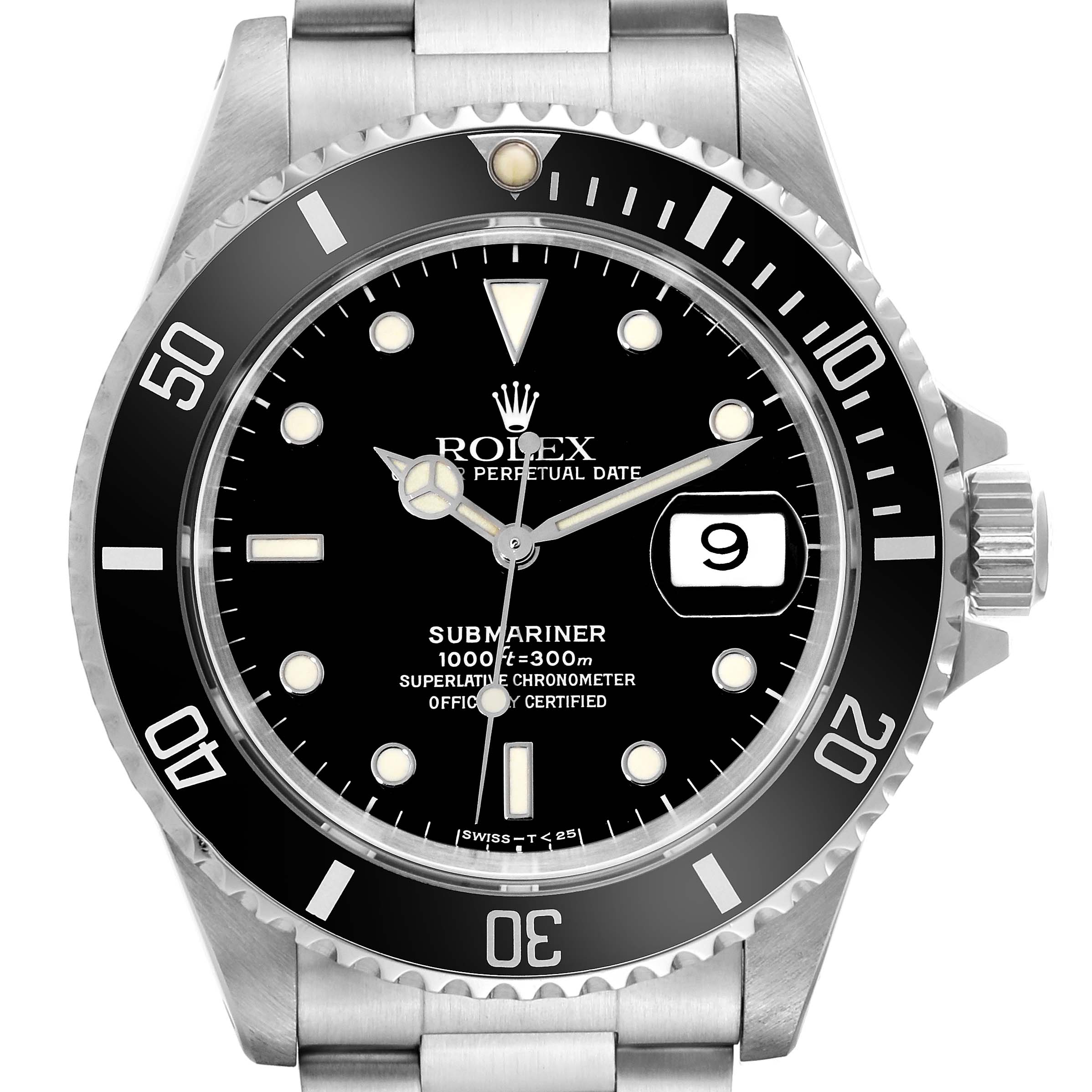 The image shows a front view of a Rolex Submariner 16610 Men
s Stainless Steel Black Dial 16610 Men
s Stainless Steel Black Dial watch, highlighting its dial, bezel, and stainless steel bracelet.