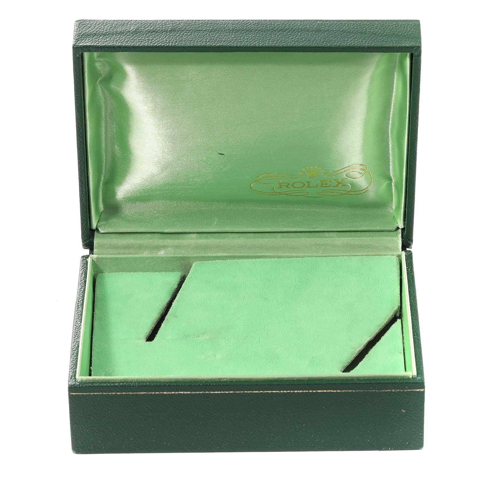 The image shows an open green box for a Rolex Submariner 16610 Men
s Stainless Steel Black Dial 16610 Men
s Stainless Steel Black Dial watch, displaying the interior compartments and the Rolex logo.