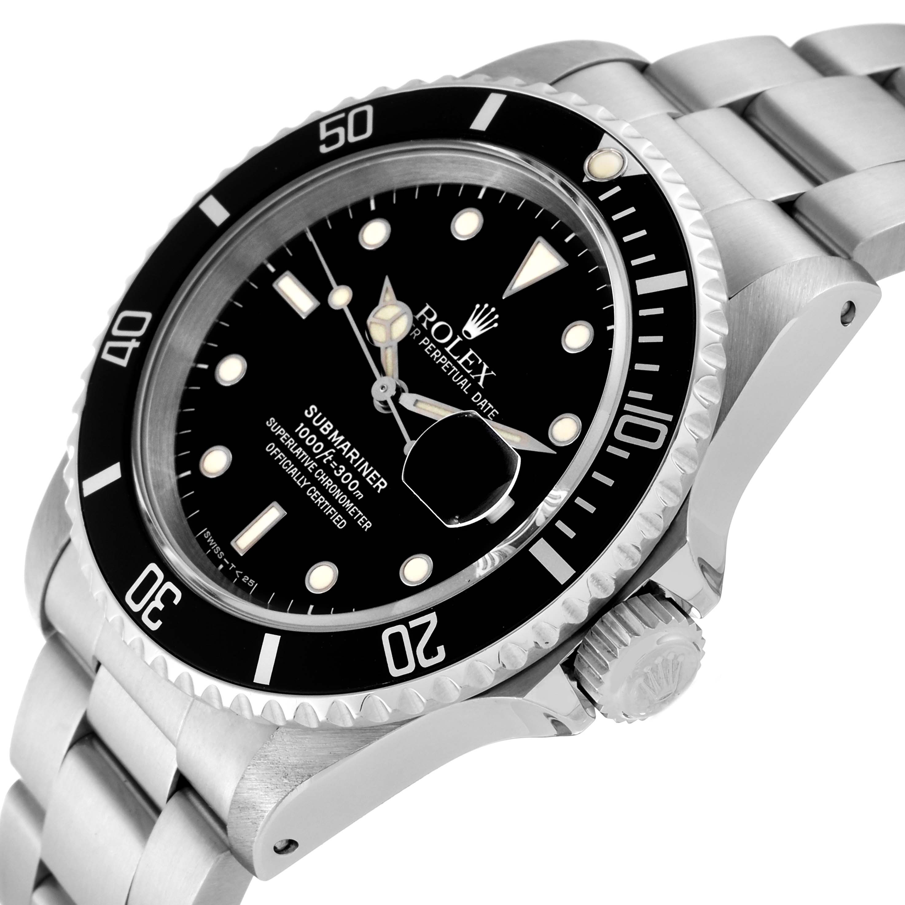 The image shows a Rolex Submariner 16610 Men
s Stainless Steel Black Dial 16610 Men
s Stainless Steel Black Dial watch at an oblique angle highlighting the black dial, bezel, and stainless steel bracelet.