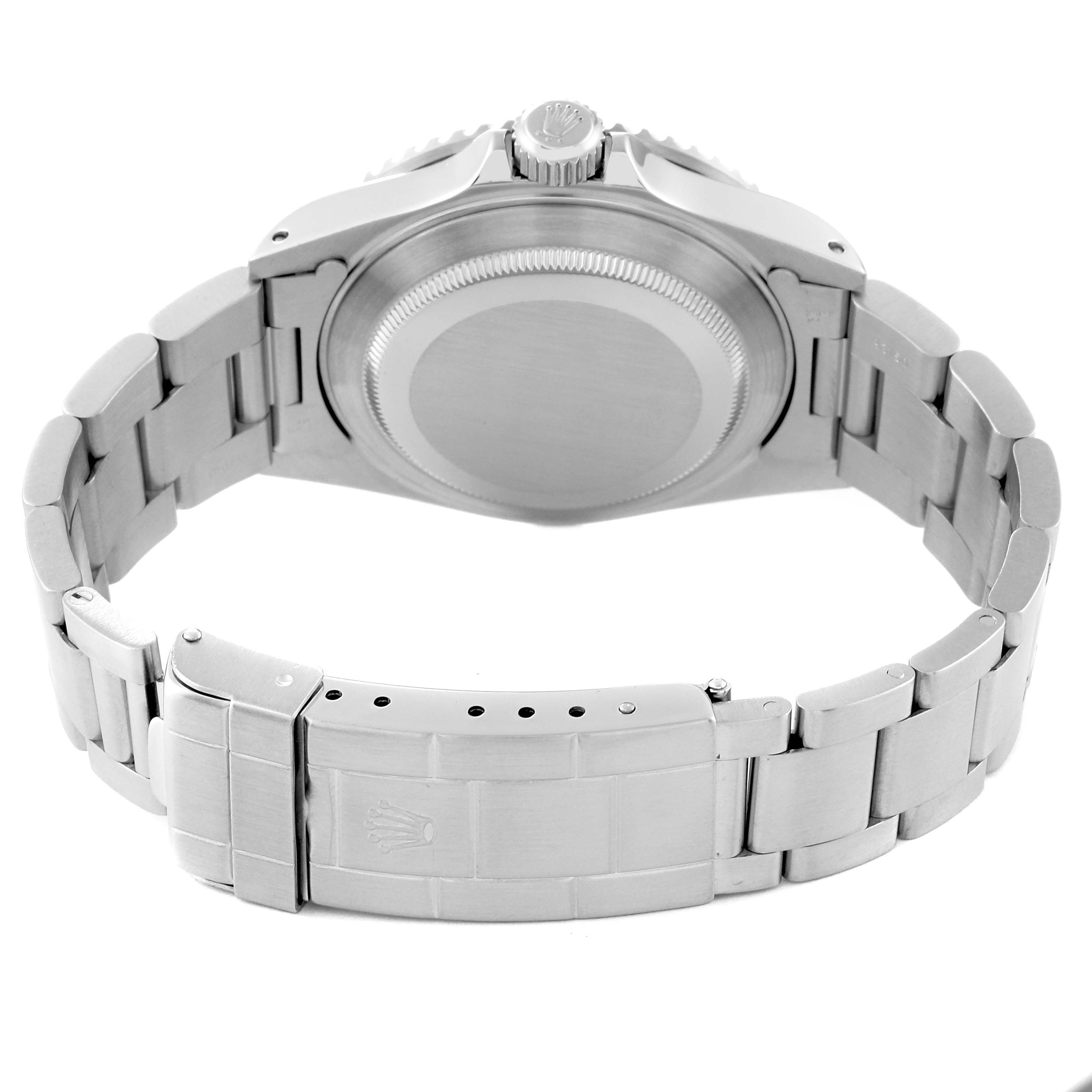 This image shows the back and clasp of a Rolex Submariner 16610 Men
s Stainless Steel Black Dial 16610 Men
s Stainless Steel Black Dial watch from an almost straight rear angle.