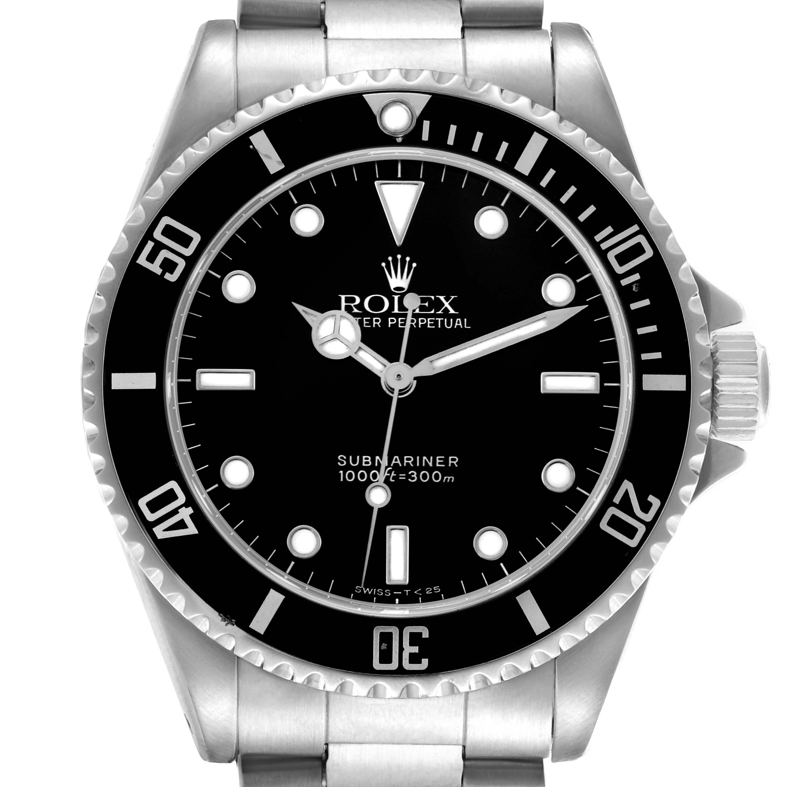 The Rolex Submariner 14060 Men
s Stainless Steel Black Dial 14060 Men
s Stainless Steel Black Dial watch is shown from the front, displaying the bezel, dial, hands, and part of the bracelet.