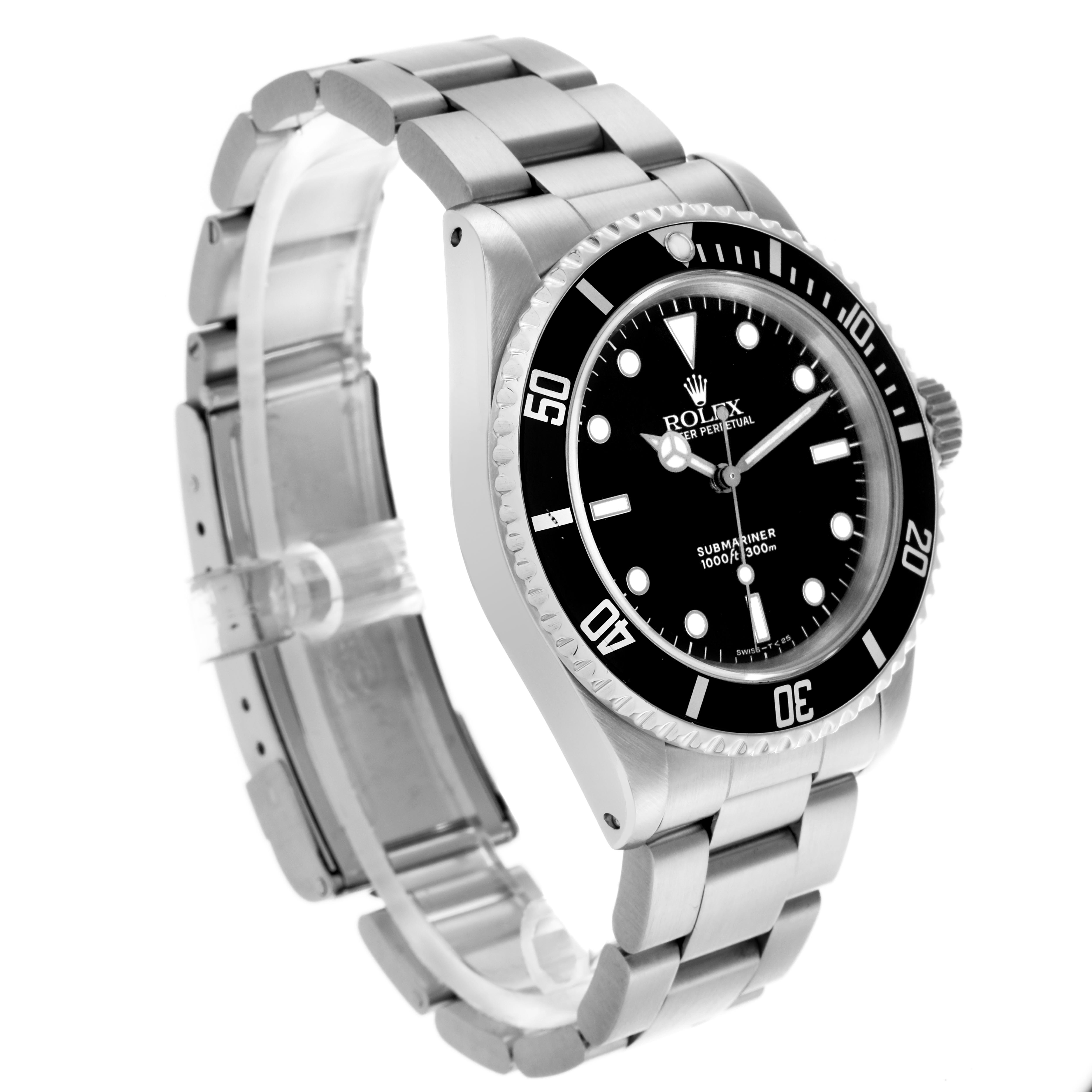 The Rolex Submariner 14060 Men
s Stainless Steel Black Dial 14060 Men
s Stainless Steel Black Dial watch is shown at a slight angle, highlighting the black bezel, dial, and stainless steel bracelet.