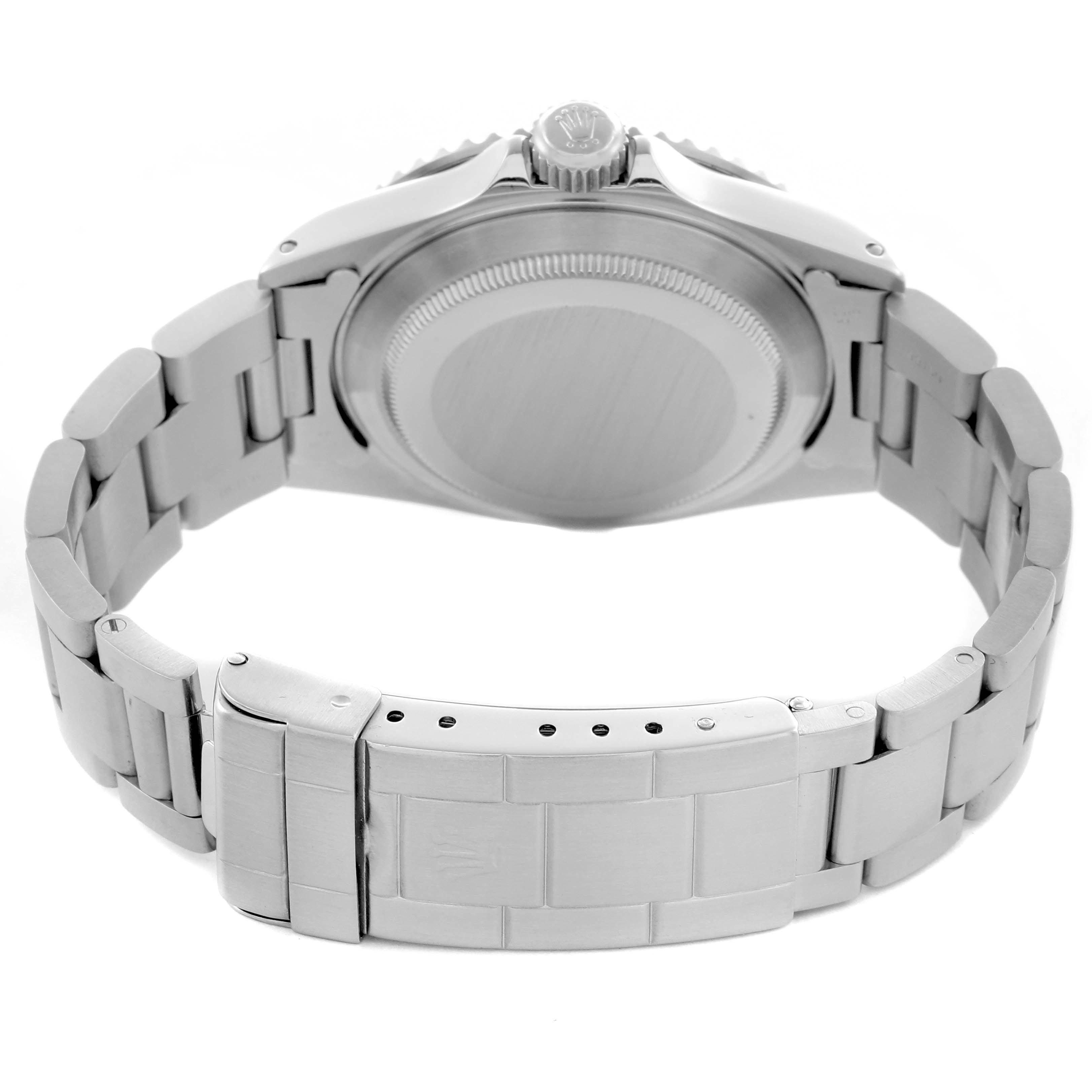 The image shows the back and bracelet of a Rolex Submariner 14060 Men
s Stainless Steel Black Dial 14060 Men
s Stainless Steel Black Dial watch, highlighting the clasp and case back.