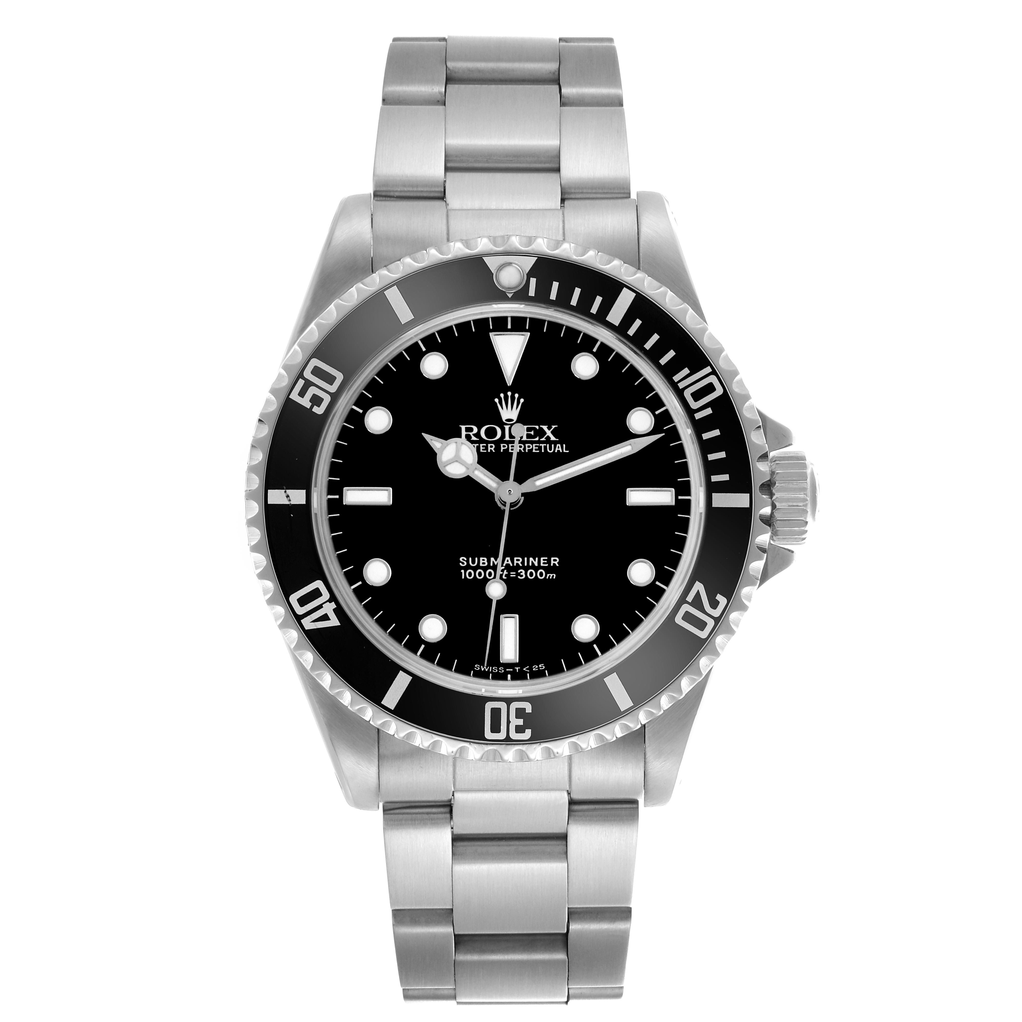 The Rolex Submariner 14060 Men
s Stainless Steel Black Dial 14060 Men
s Stainless Steel Black Dial watch is shown from a front angle, displaying the face, bezel, and metal bracelet clearly.