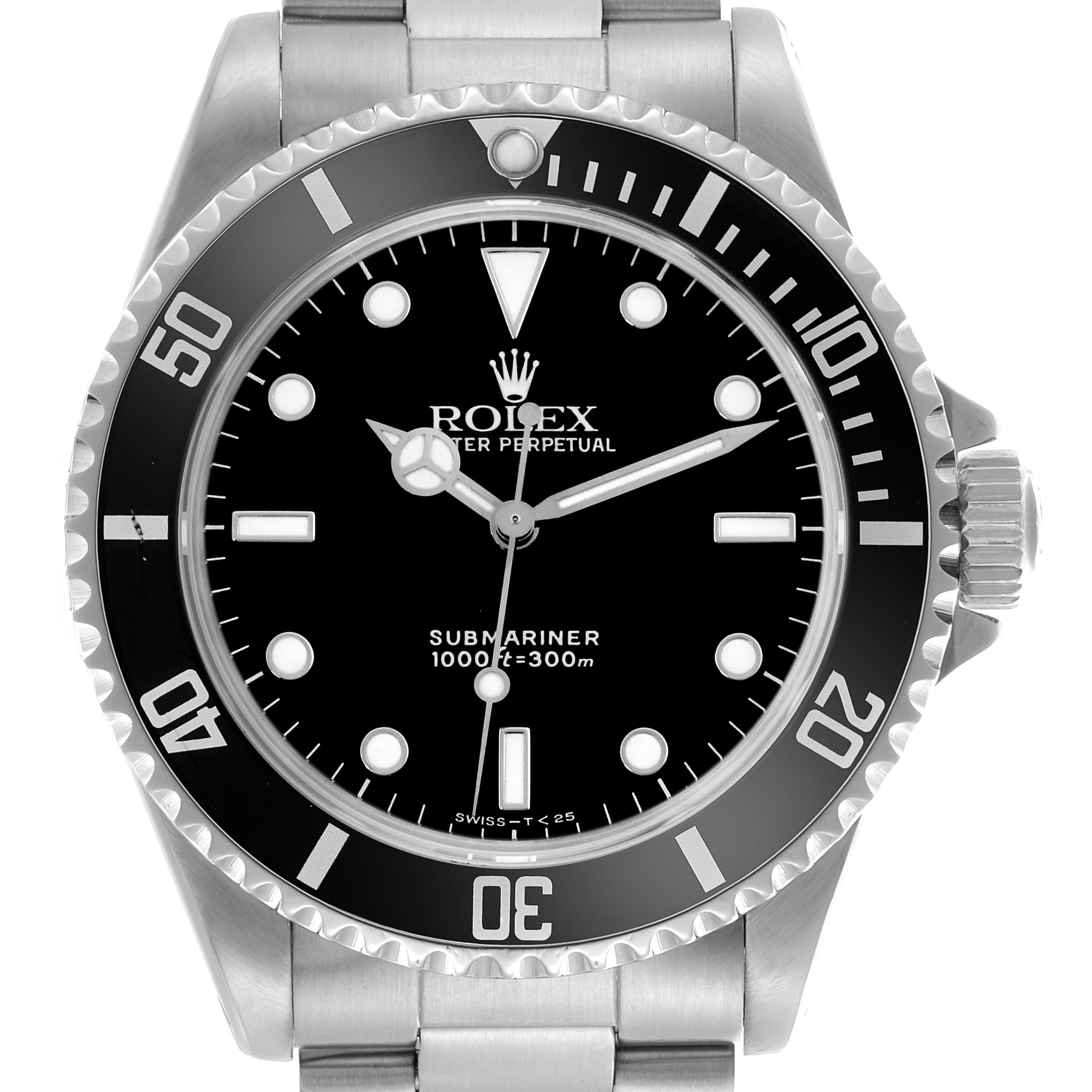 The Rolex Submariner 14060 Men
s Stainless Steel Black Dial 14060 Men
s Stainless Steel Black Dial watch is shown from the front, displaying the dial, bezel, and part of the bracelet.