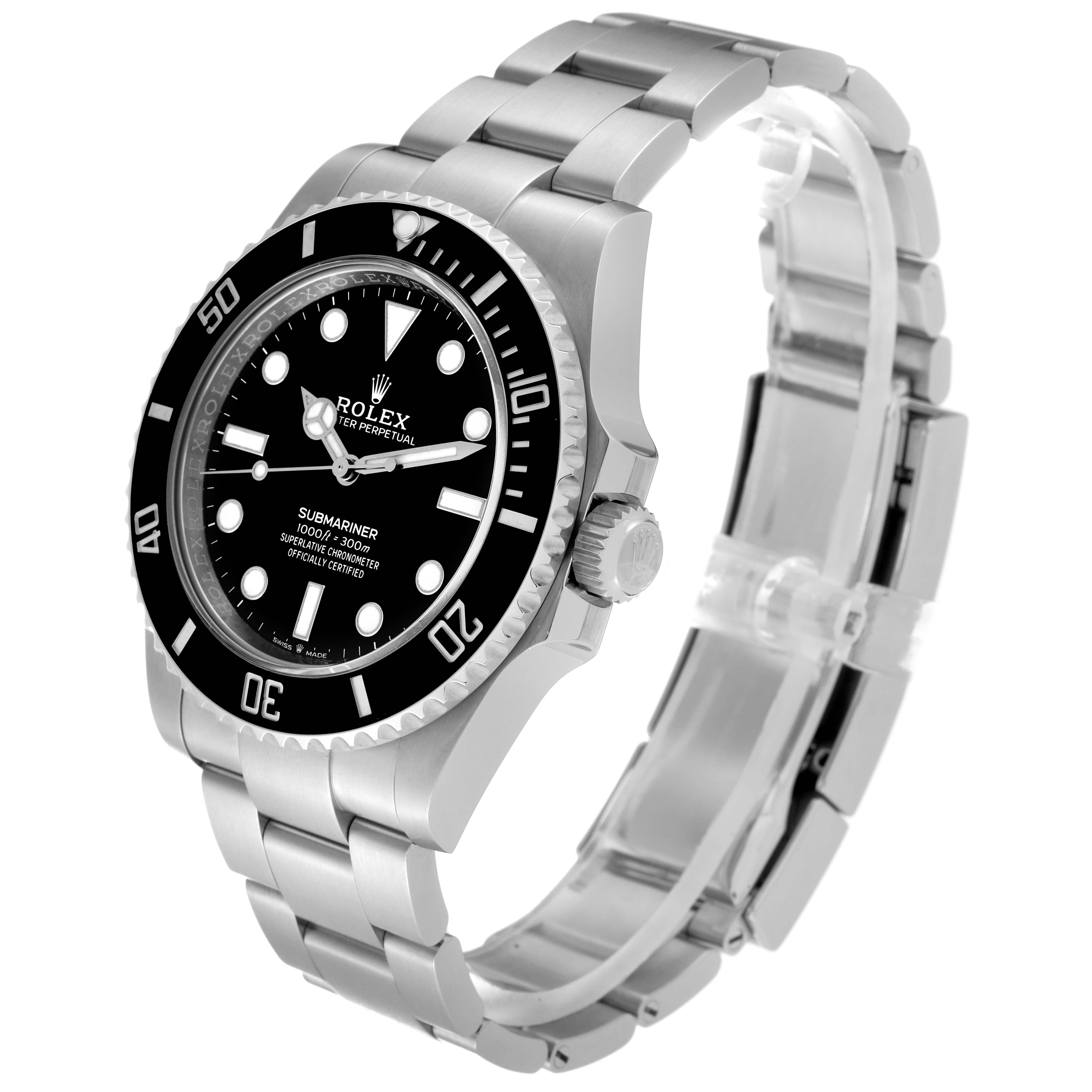 The Rolex Submariner 124060 Men
s Stainless Steel Black Dial 124060 Men
s Stainless Steel Black Dial watch is shown at an angled side view, displaying the face, bezel, crown, and metal bracelet.