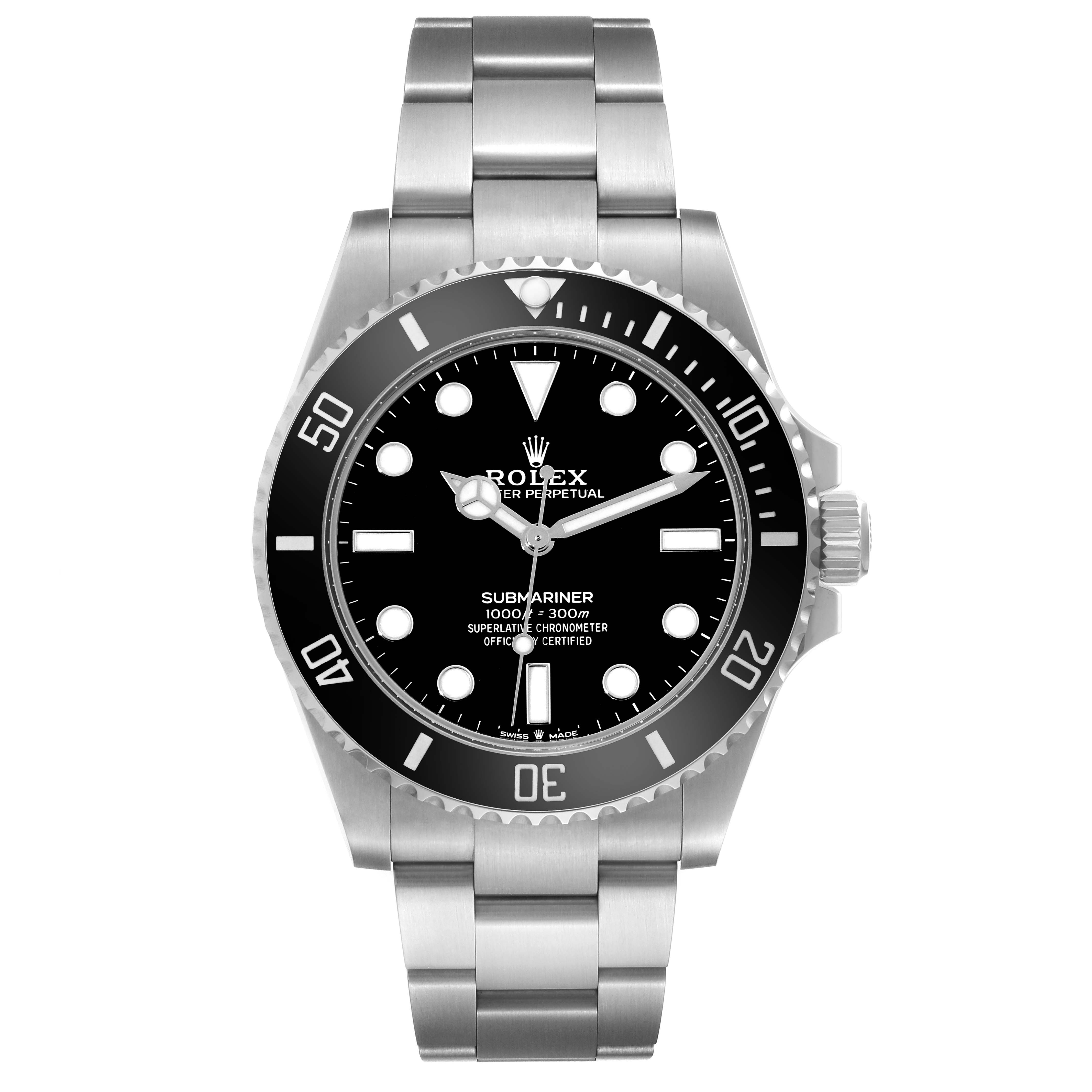 The image shows a front view of a Rolex Submariner 124060 Men
s Stainless Steel Black Dial 124060 Men
s Stainless Steel Black Dial watch, displaying its face, bezel, and bracelet.
