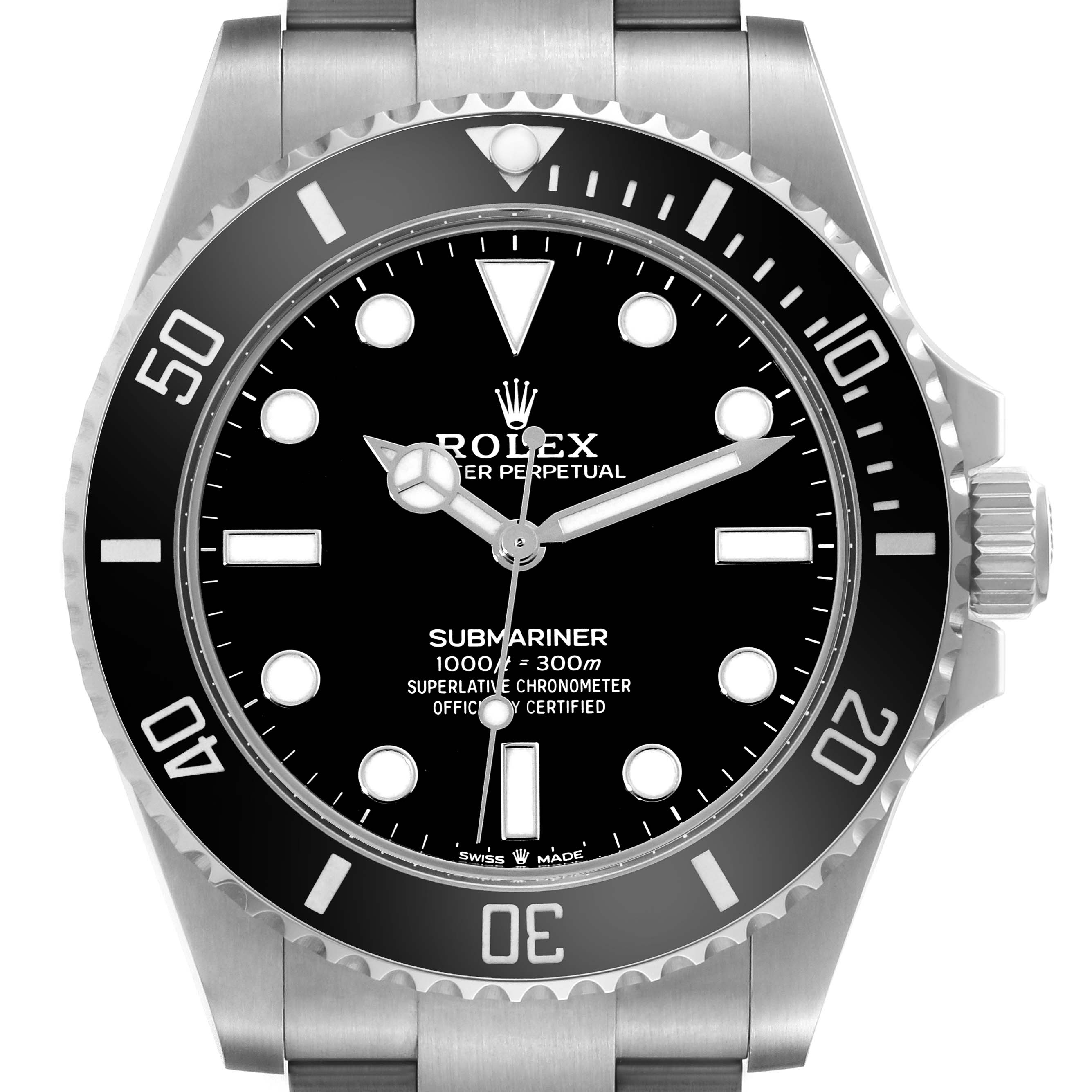The image shows a front view of the Rolex Submariner 124060 Men
s Stainless Steel Black Dial 124060 Men
s Stainless Steel Black Dial watch, displaying the dial, bezel, hands, and part of the bracelet.