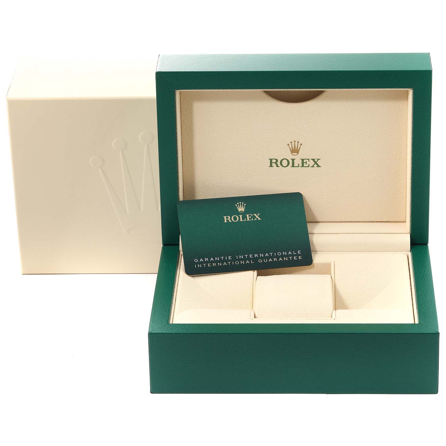 This image shows an open Rolex Submariner 124060 Men
s Stainless Steel Black Dial 124060 Men
s Stainless Steel Black Dial box and the international guarantee card from a front angle.