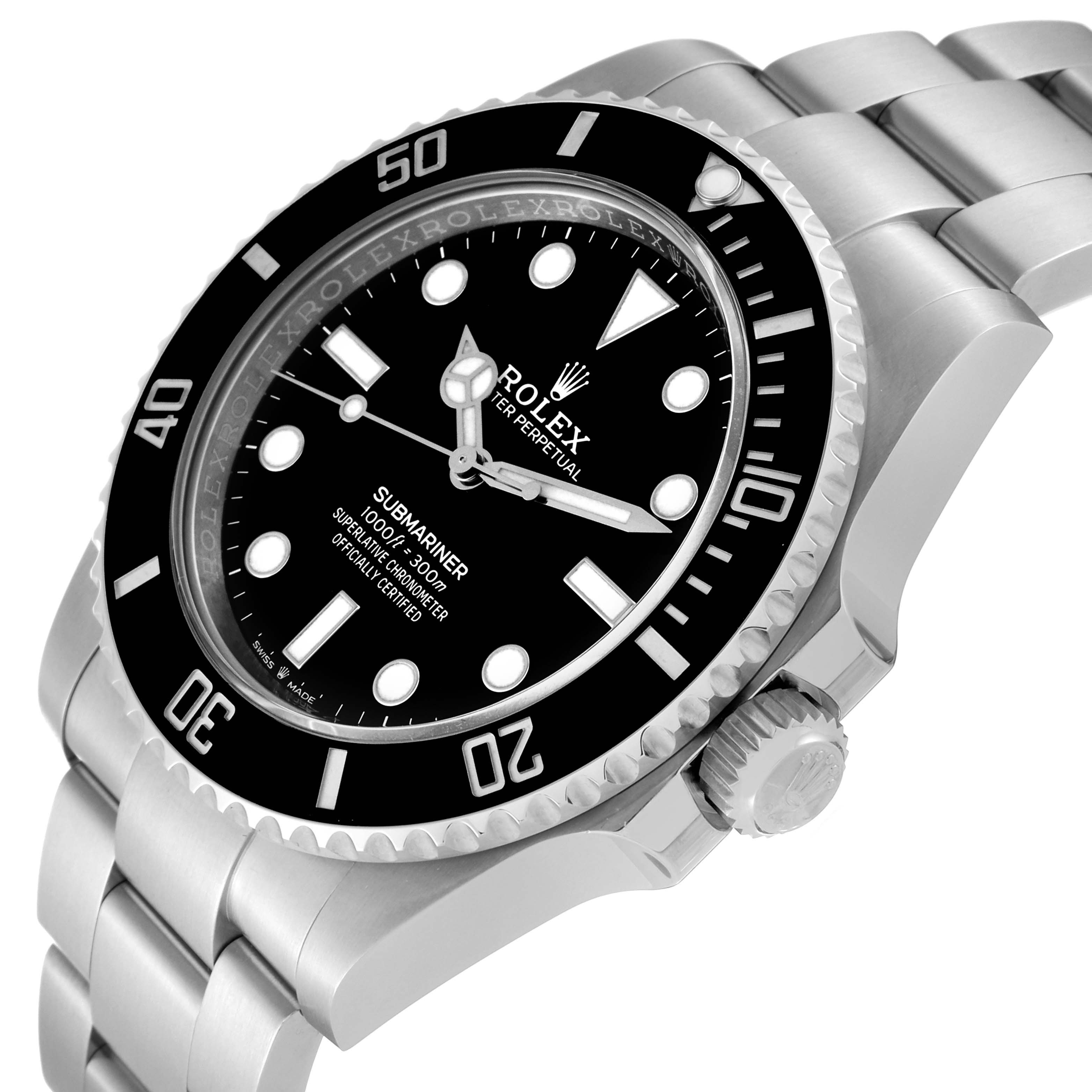 The image shows a close-up angle of the dial, bezel, crown, and part of the bracelet of a Rolex Submariner 124060 Men
s Stainless Steel Black Dial 124060 Men
s Stainless Steel Black Dial watch.