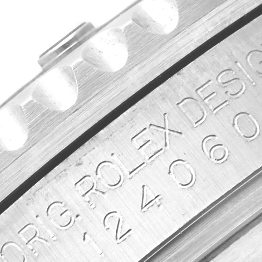 This is a close-up angle of the side engravings on the bezel and case of a Rolex Submariner 124060 Men
s Stainless Steel Black Dial 124060 Men
s Stainless Steel Black Dial watch.
