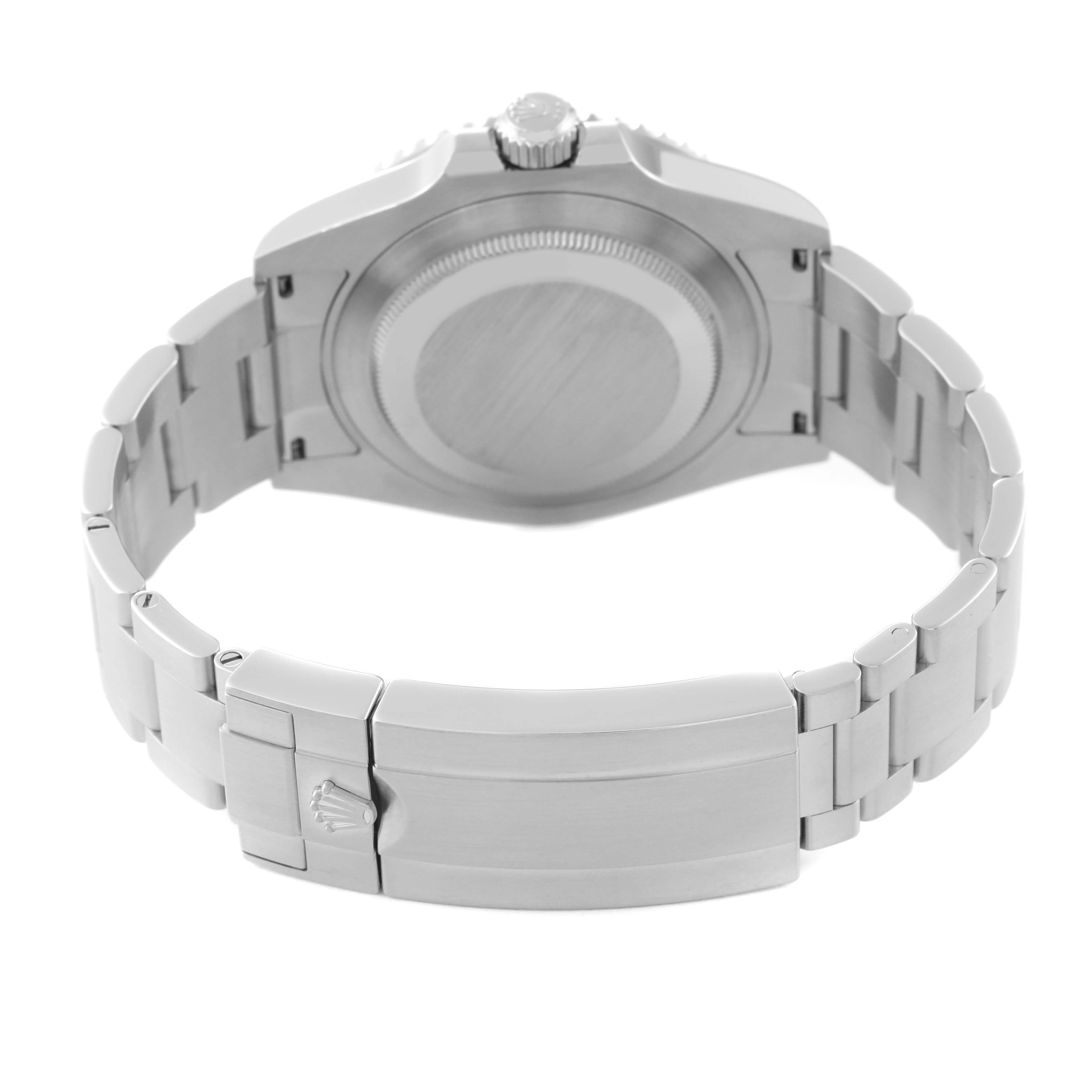 The image shows the back view of a Rolex Submariner 124060 Men
s Stainless Steel Black Dial 124060 Men
s Stainless Steel Black Dial watch, focusing on the case back, crown, and bracelet clasp.