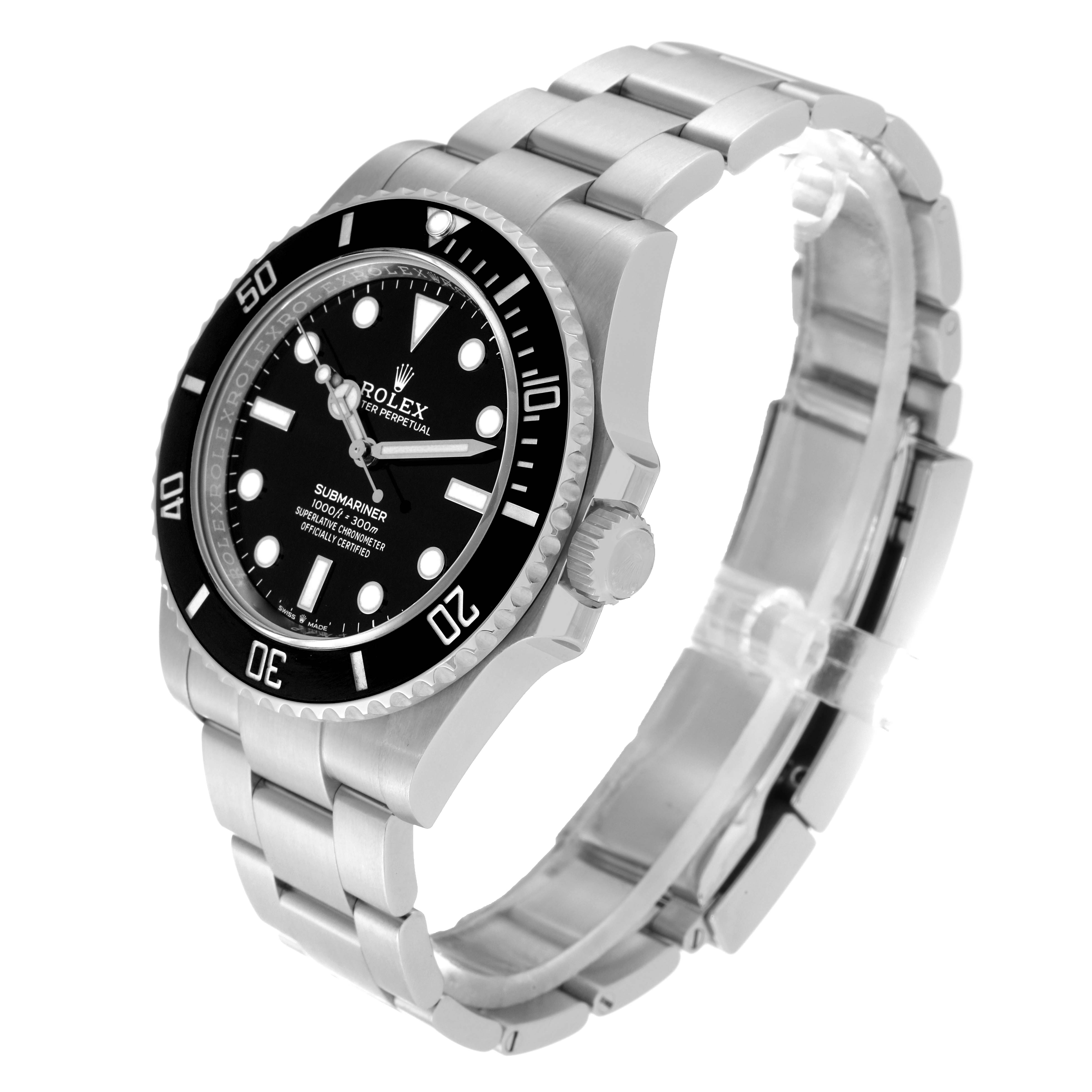 The image shows a side angle of the Rolex Submariner 124060 Men
s Stainless Steel Black Dial 124060 Men
s Stainless Steel Black Dial, highlighting the bezel, dial, bracelet, and crown.