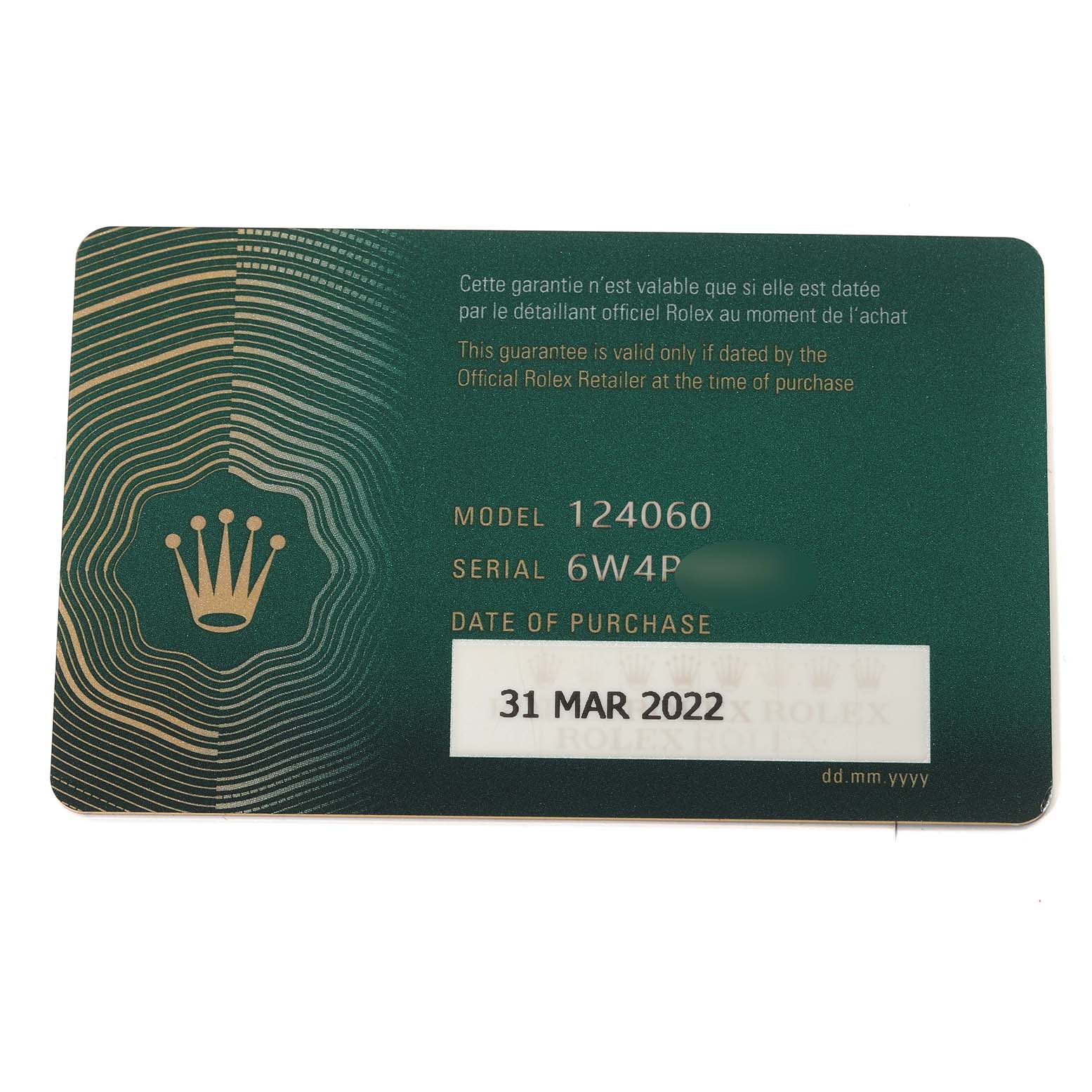 This image shows a warranty card for the Rolex Submariner 124060 Men
s Stainless Steel Black Dial 124060 Men
s Stainless Steel Black Dial model 124060, dated 31 March 2022.