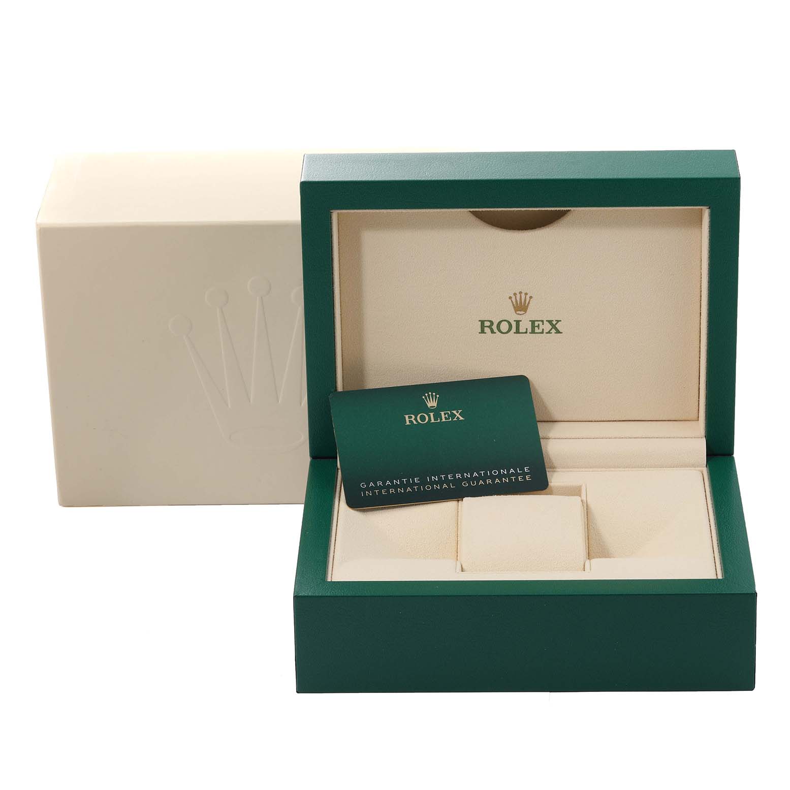 The image shows the open packaging box and international guarantee card for the Rolex Submariner 124060 Men
s Stainless Steel Black Dial 124060 Men
s Stainless Steel Black Dial model.