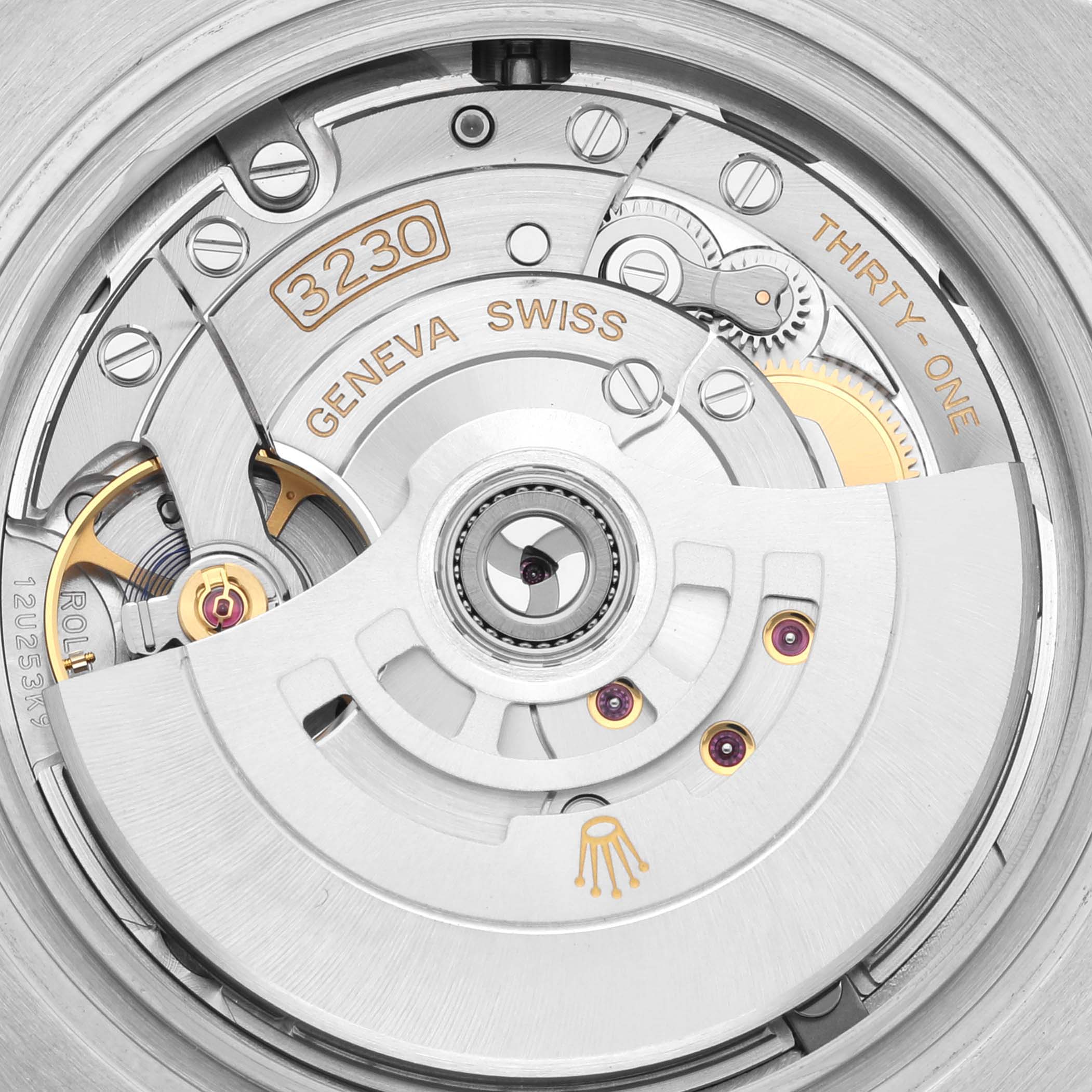 The image shows the detailed internal mechanical movement of a Rolex Submariner 124060 Men
s Stainless Steel Black Dial 124060 Men
s Stainless Steel Black Dial watch, specifically its caliber 3230.