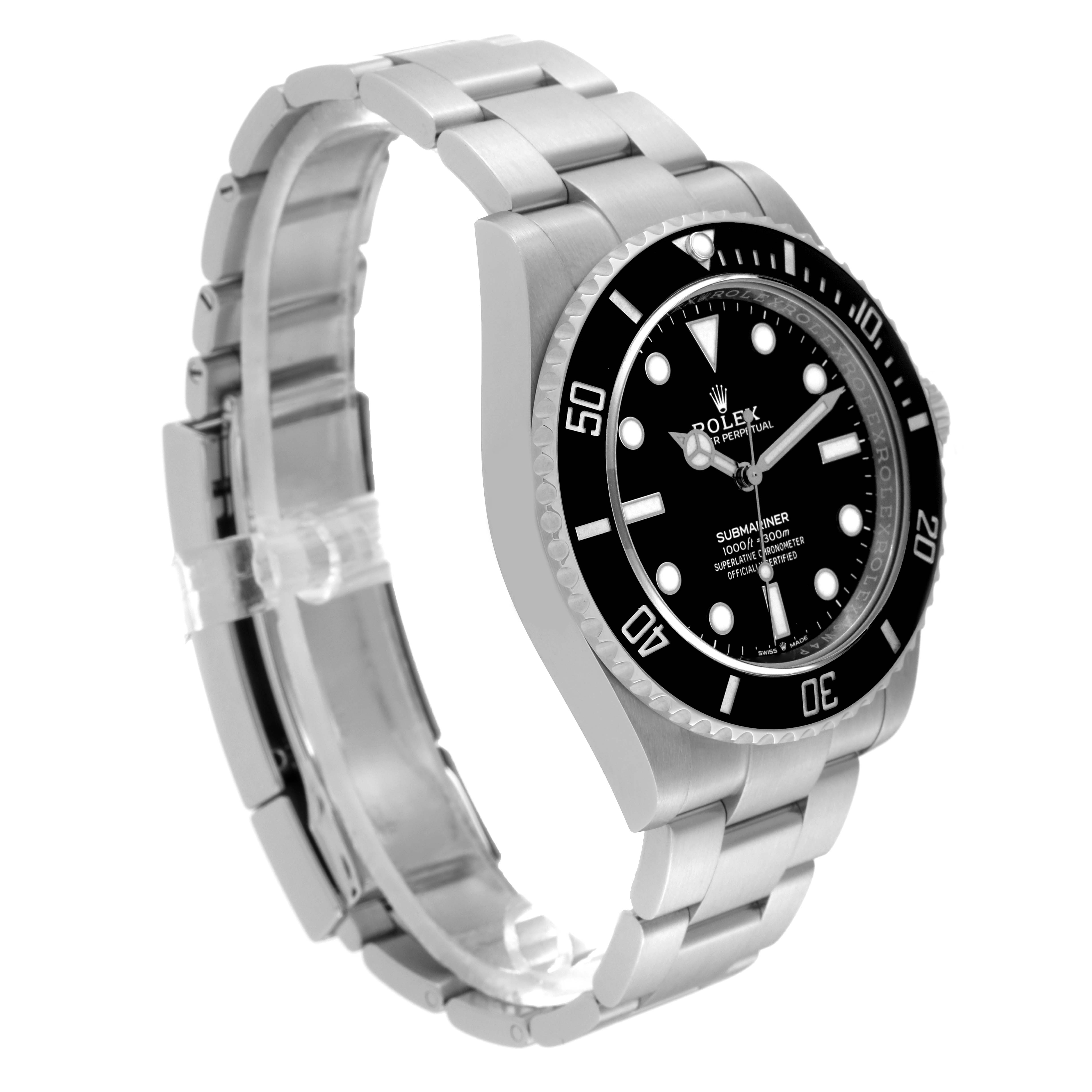 The Rolex Submariner 124060 Men
s Stainless Steel Black Dial 124060 Men
s Stainless Steel Black Dial watch is shown at an angle highlighting its black dial, bezel, and metal bracelet.