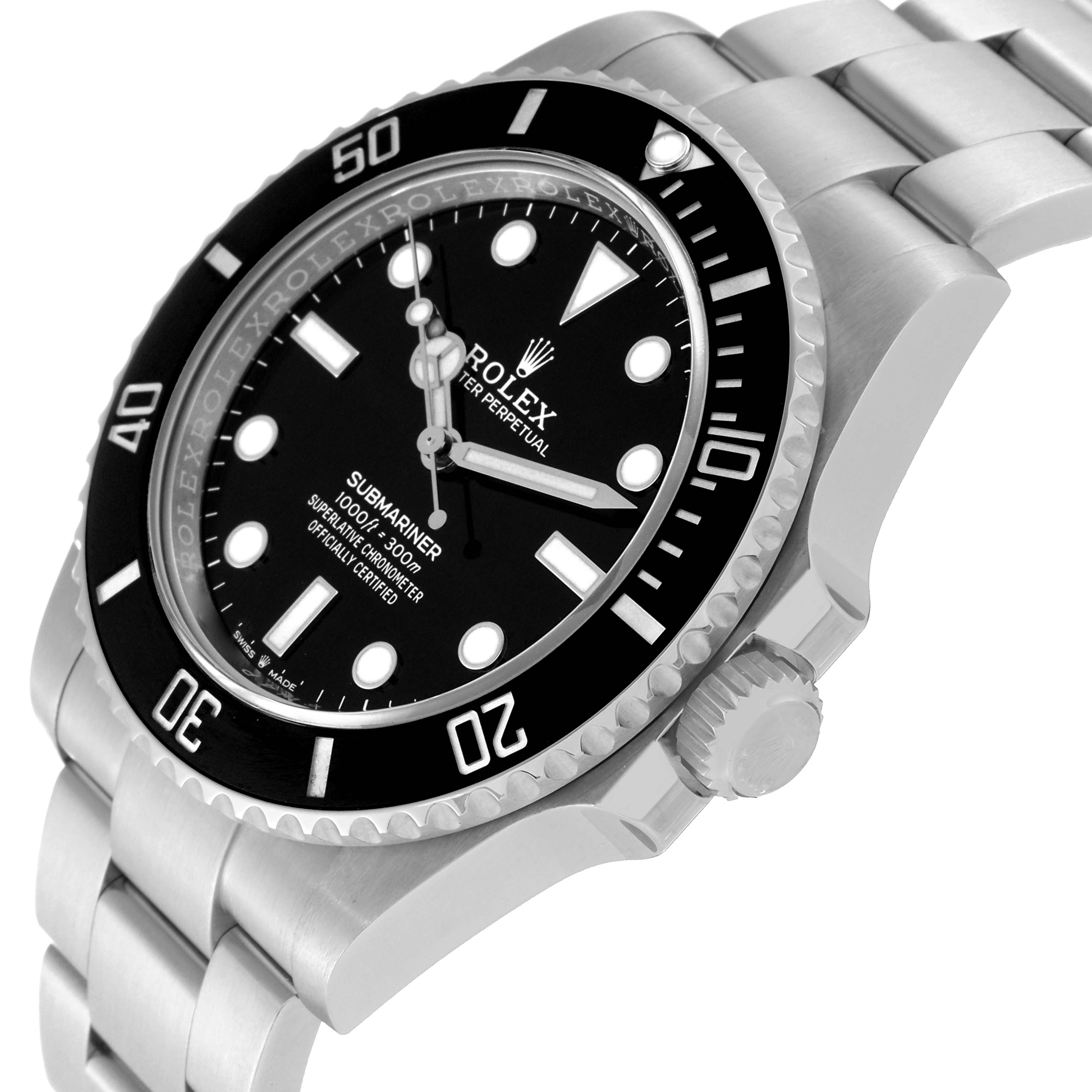 This Rolex Submariner 124060 Men
s Stainless Steel Black Dial 124060 Men
s Stainless Steel Black Dial watch is shown at a three-quarter angle, highlighting the face, bezel, crown, and part of the bracelet.