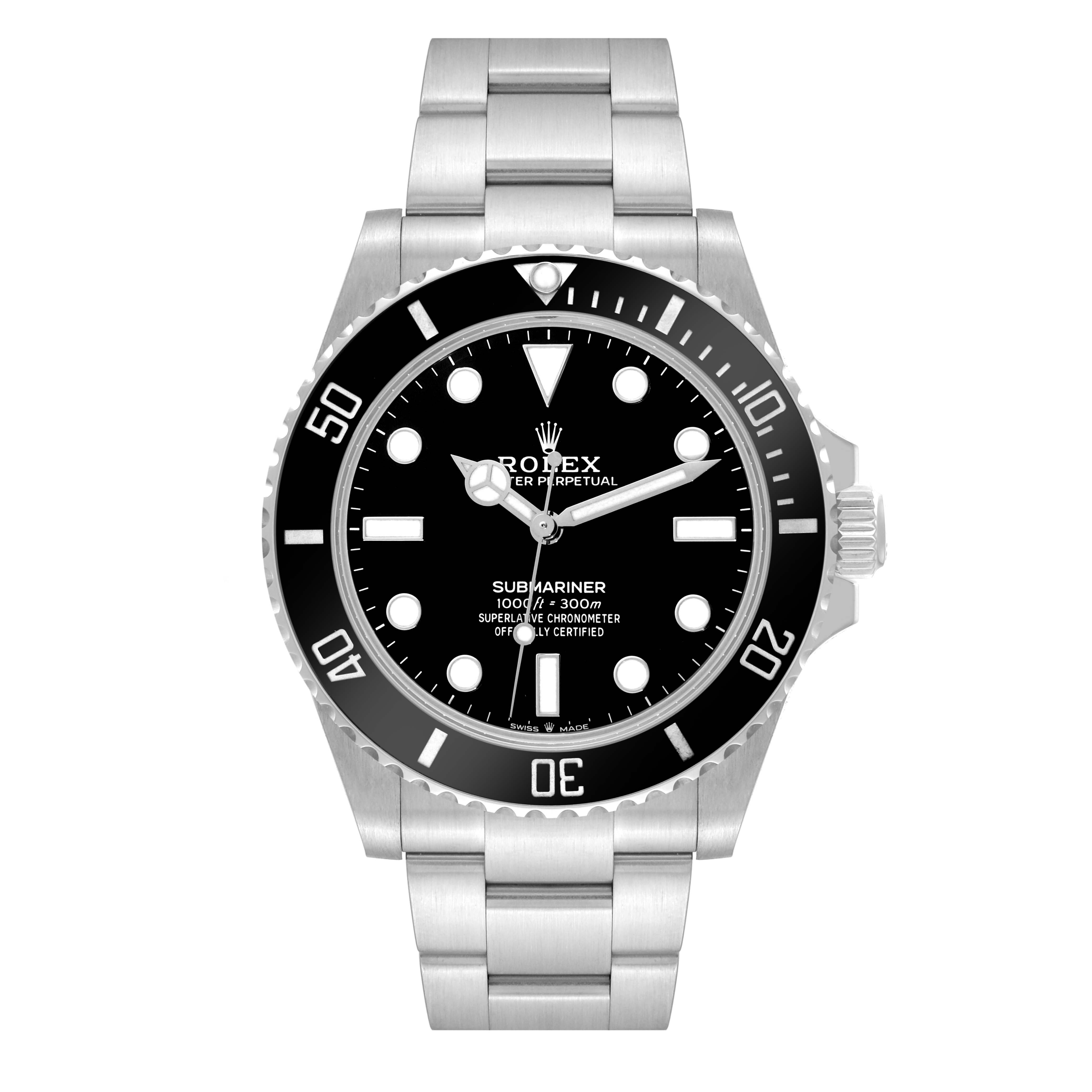 The image shows a frontal view of the Rolex Submariner 124060 Men
s Stainless Steel Black Dial 124060 Men
s Stainless Steel Black Dial watch, including the bezel, dial, and bracelet.