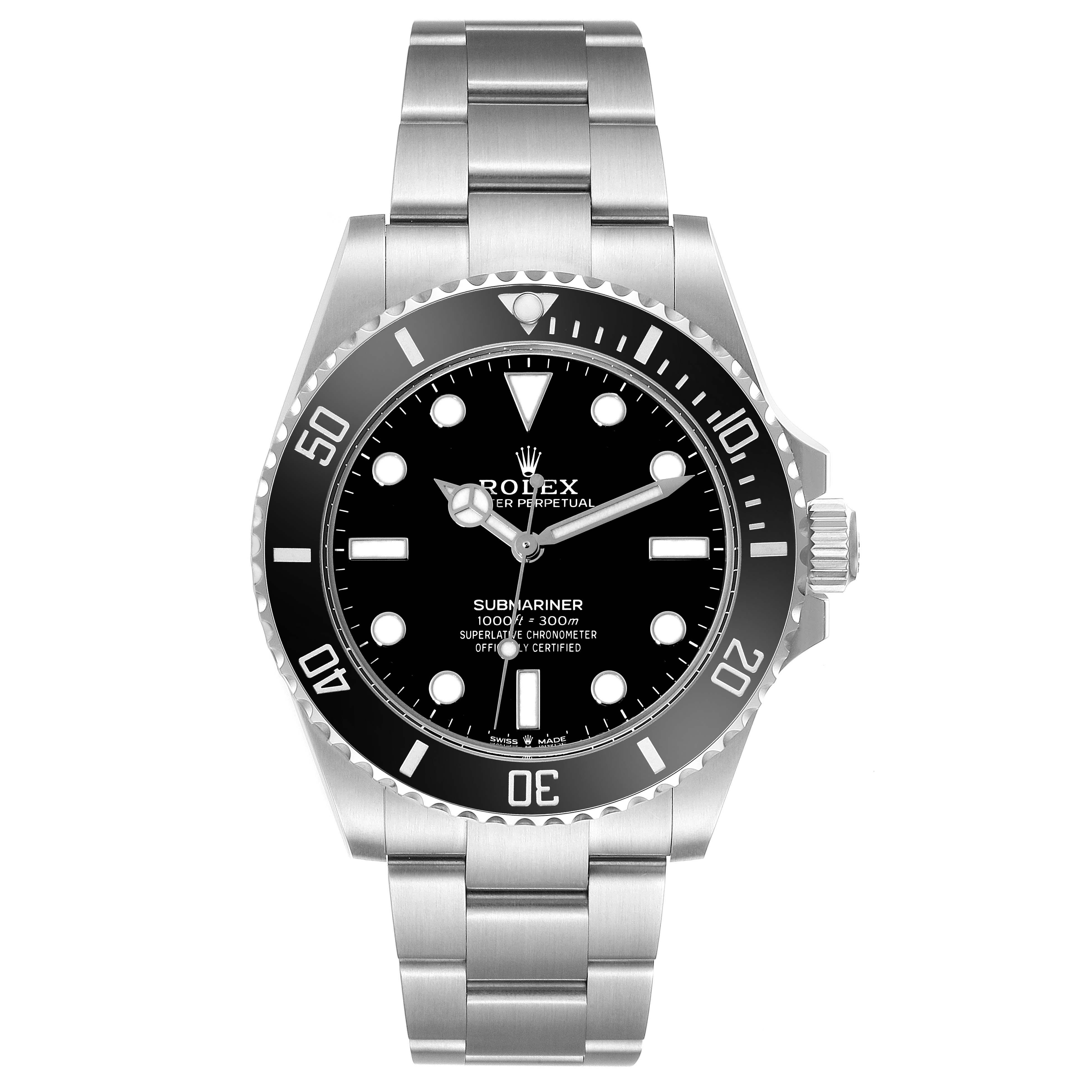 The image shows a front view of the Rolex Submariner 124060 Men's Stainless Steel Black Dial 124060 Men's Stainless Steel Black Dial watch, featuring the dial, bezel, and bracelet.