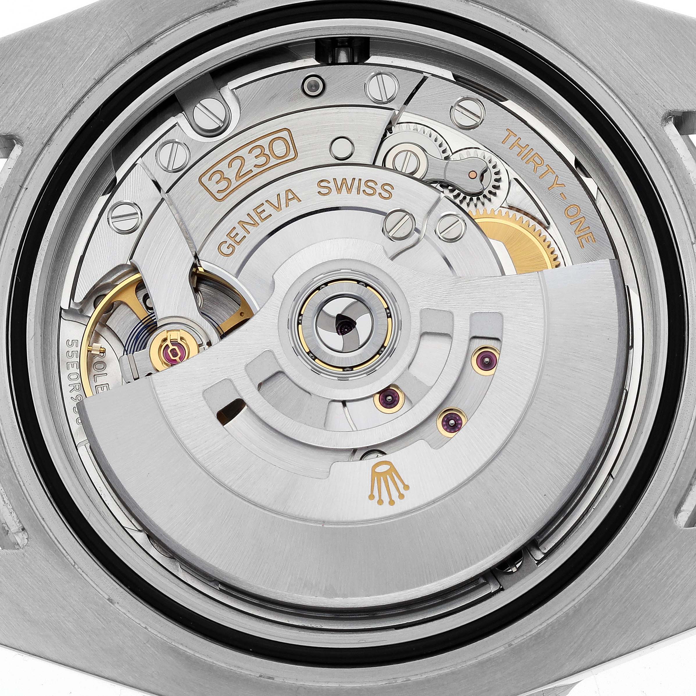 The image shows the movement of a Rolex Submariner 124060 Men's Stainless Steel Black Dial 124060 Men's Stainless Steel Black Dial watch, highlighting the intricate gears and mechanisms.