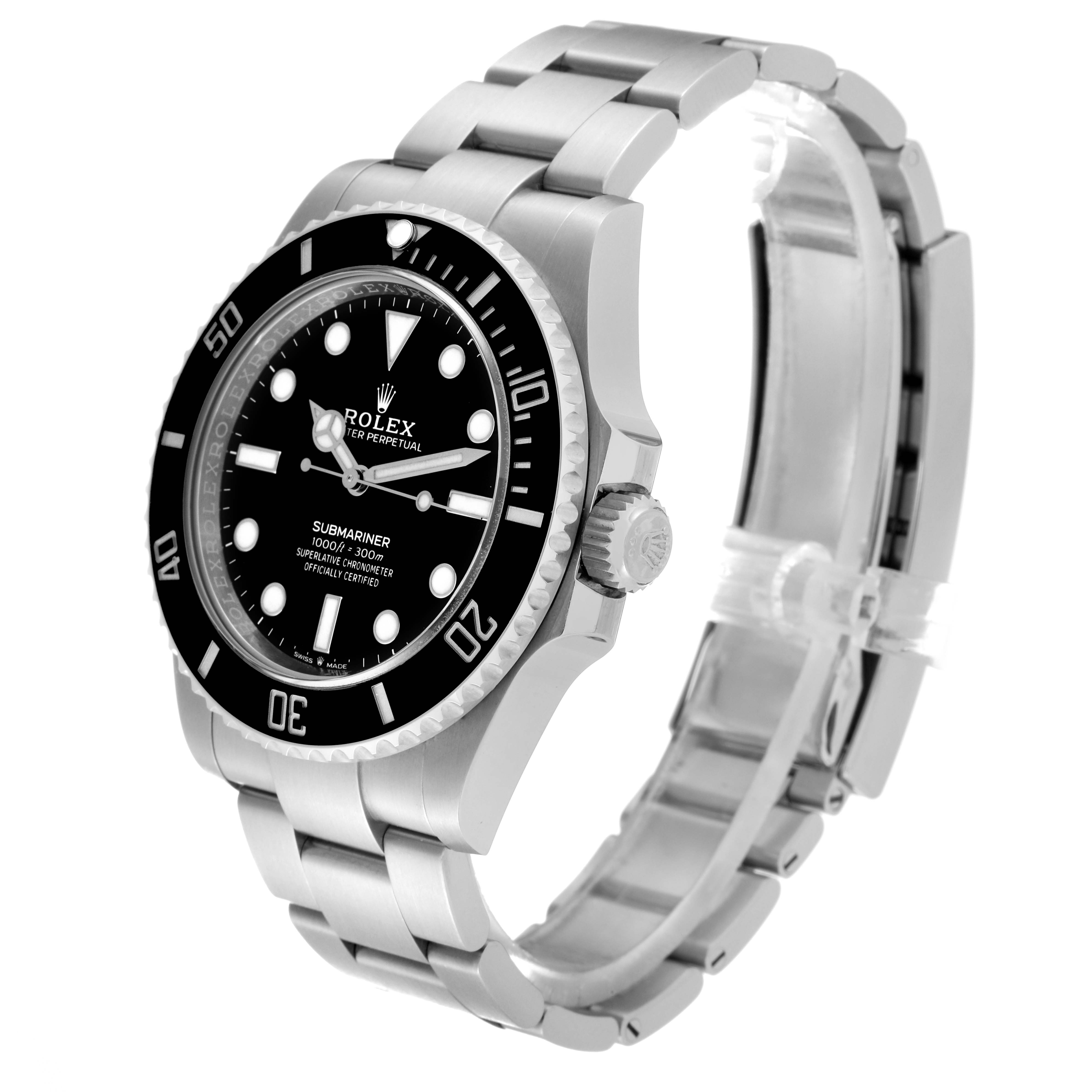 The image shows a Rolex Submariner 124060 Men's Stainless Steel Black Dial 124060 Men's Stainless Steel Black Dial watch at an angle displaying the dial, bezel, and bracelet.