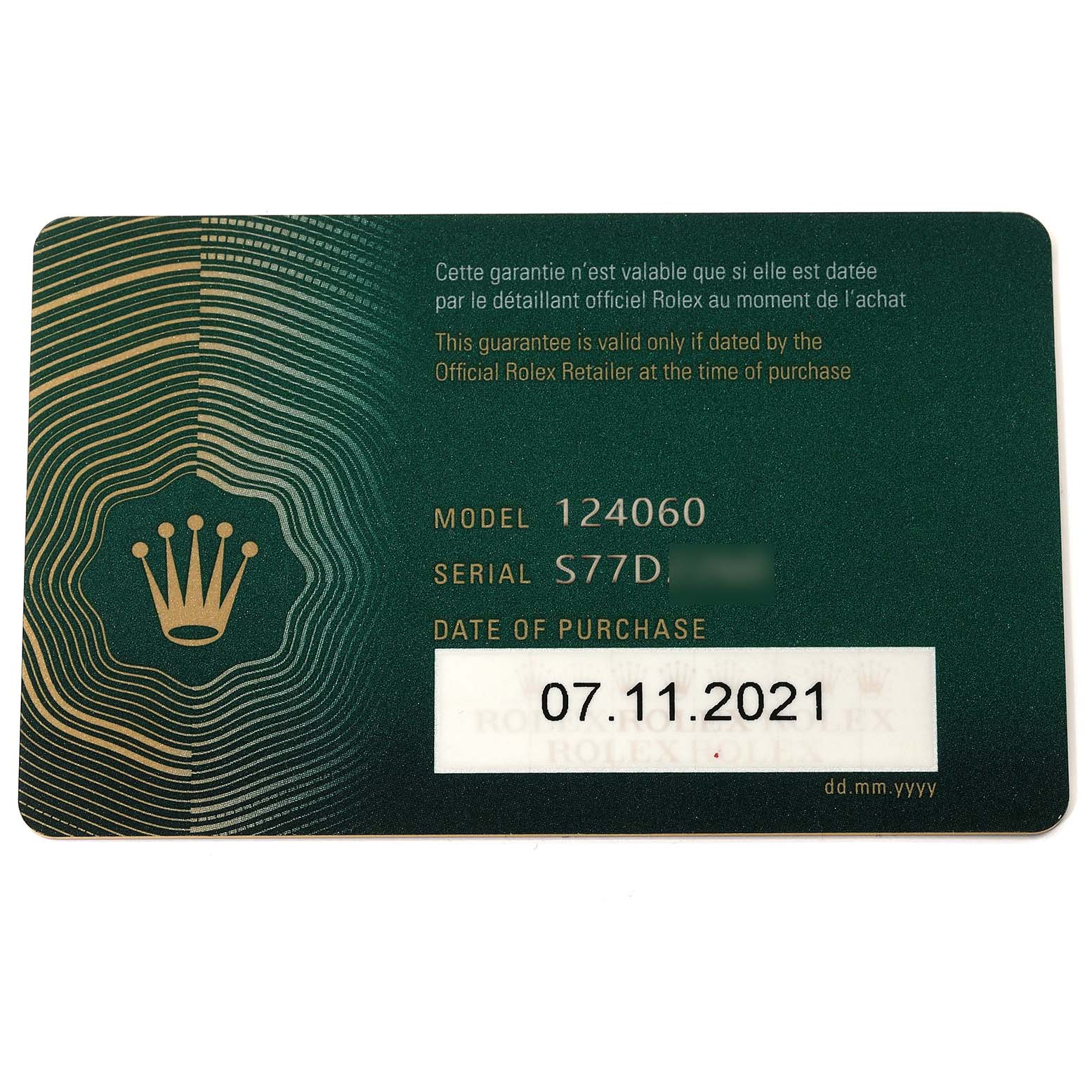 This image shows a warranty card for a Rolex Submariner 124060 Men's Stainless Steel Black Dial 124060 Men's Stainless Steel Black Dial model 124060, with the purchase date and serial number visible.