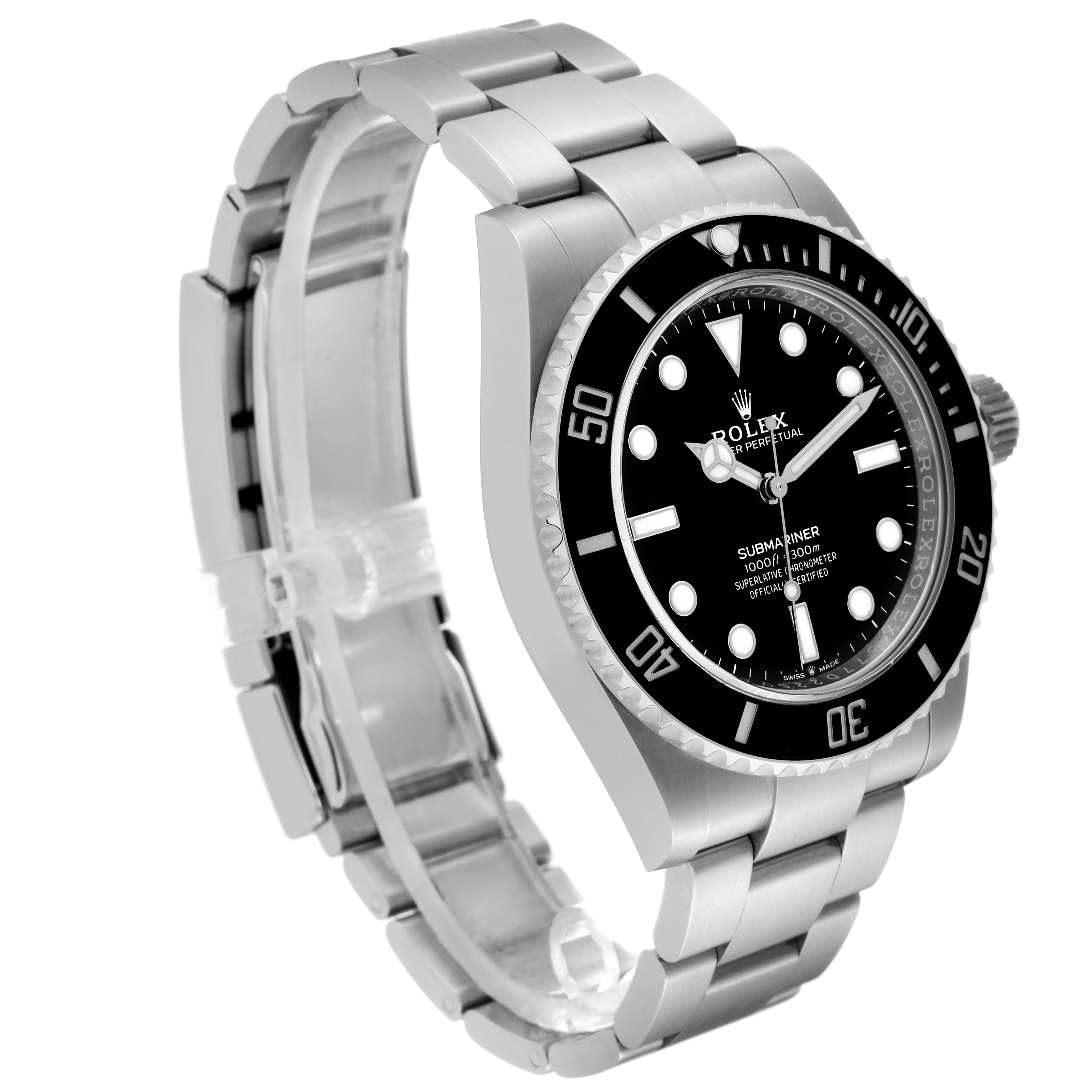 This image shows a Rolex Submariner 124060 Men's Stainless Steel Black Dial 124060 Men's Stainless Steel Black Dial watch at an angle highlighting its face, bezel, and bracelet.