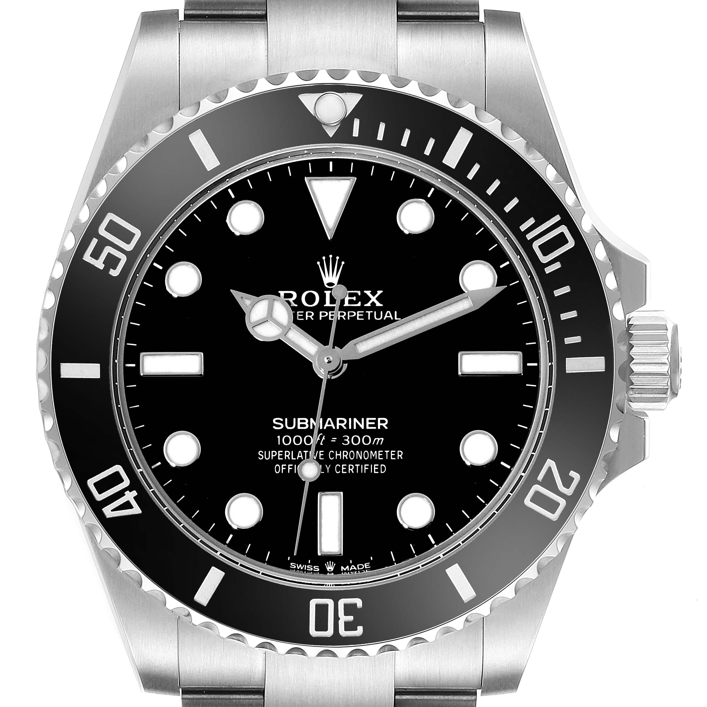 The image shows a frontal view of a Rolex Submariner 124060 Men's Stainless Steel Black Dial 124060 Men's Stainless Steel Black Dial watch, highlighting the dial, bezel, and part of the bracelet.
